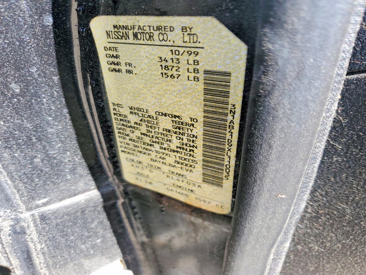 1999 Nissan Sentra Xe Black vin: 3N1AB41D9XL110035