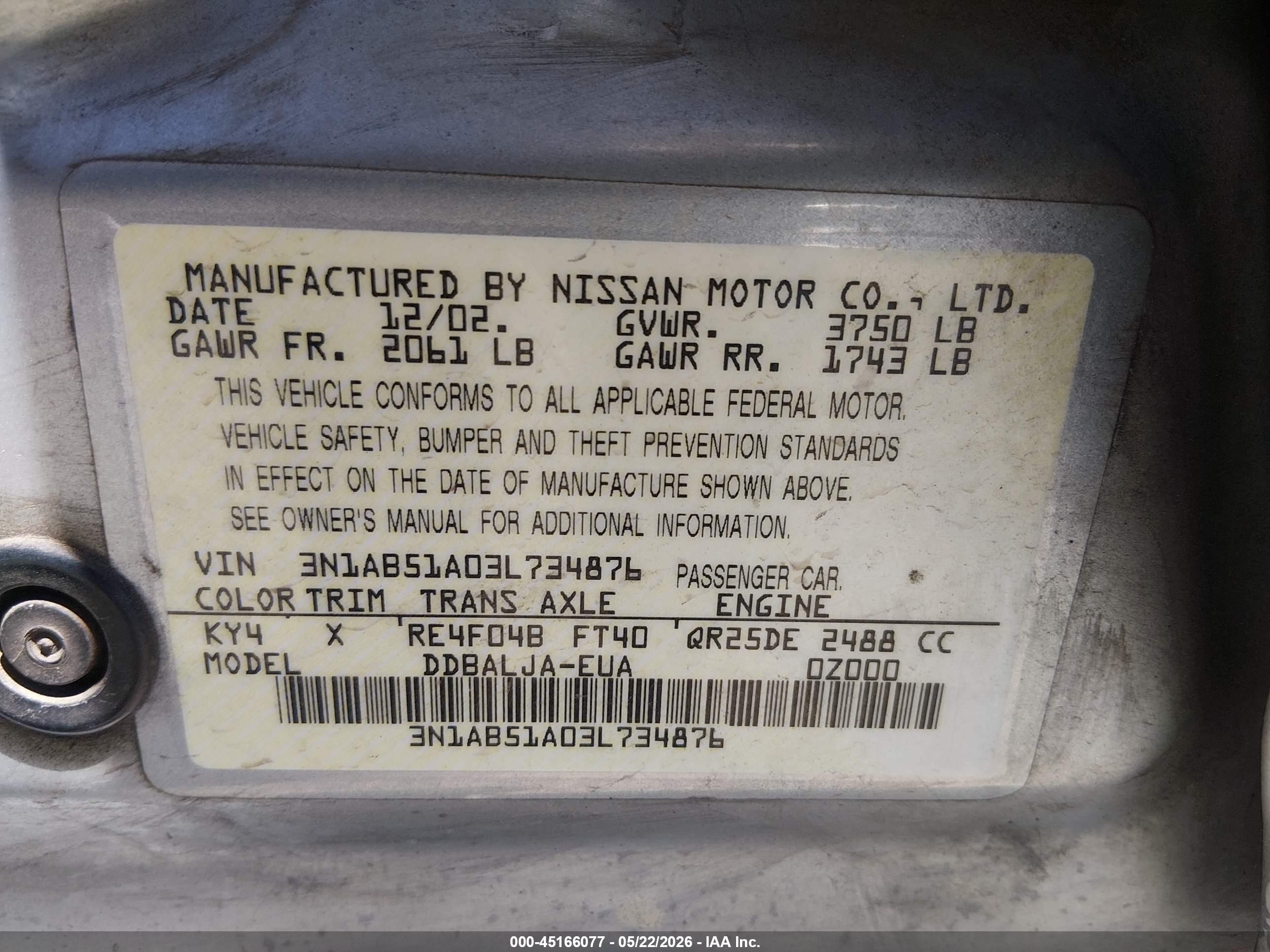 2003 Nissan Sentra Gxe Limited Edition Серебряный vin: 3N1AB51A03L734876