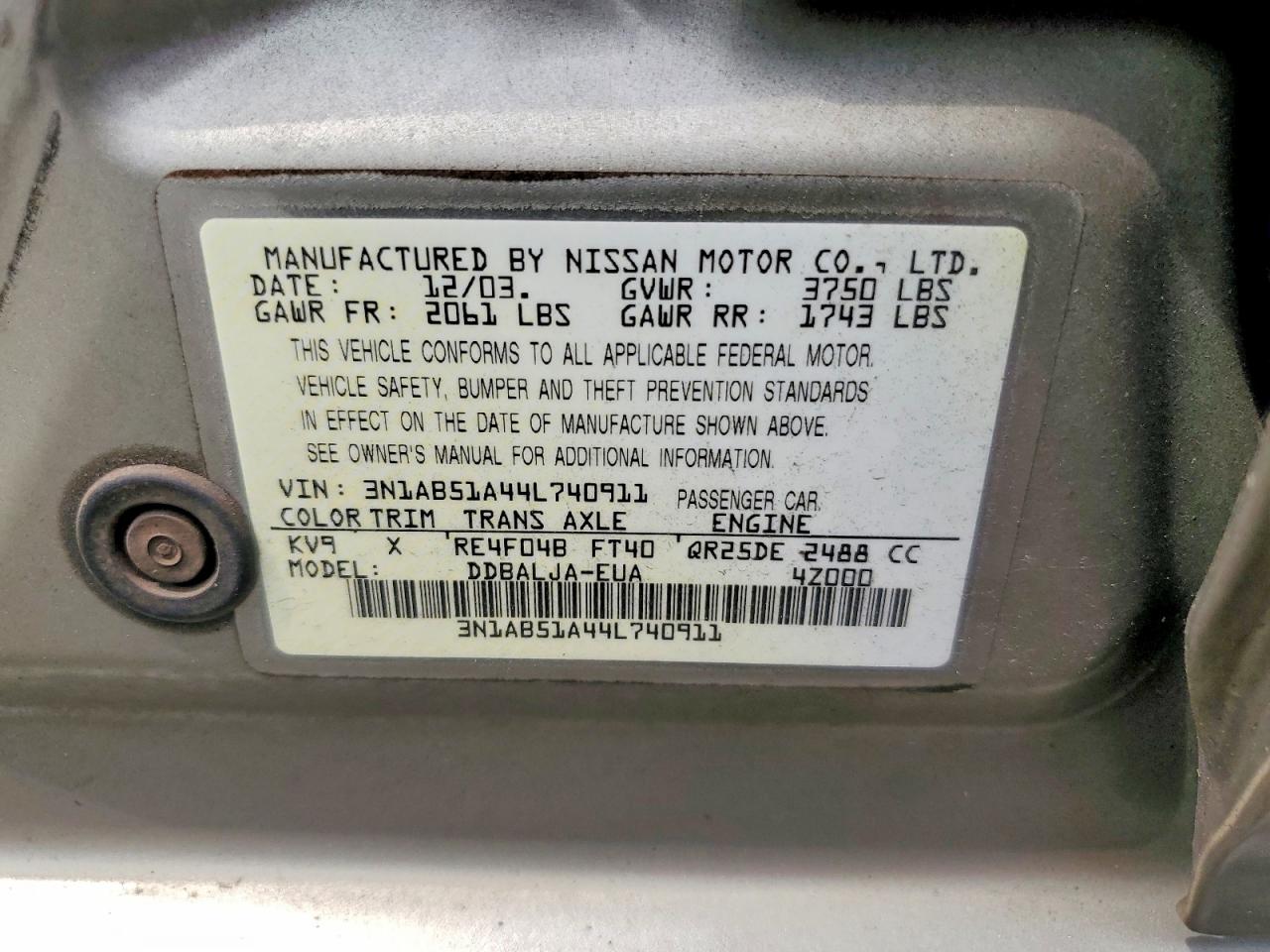 2004 Nissan Sentra 2.5s Silver vin: 3N1AB51A44L740911