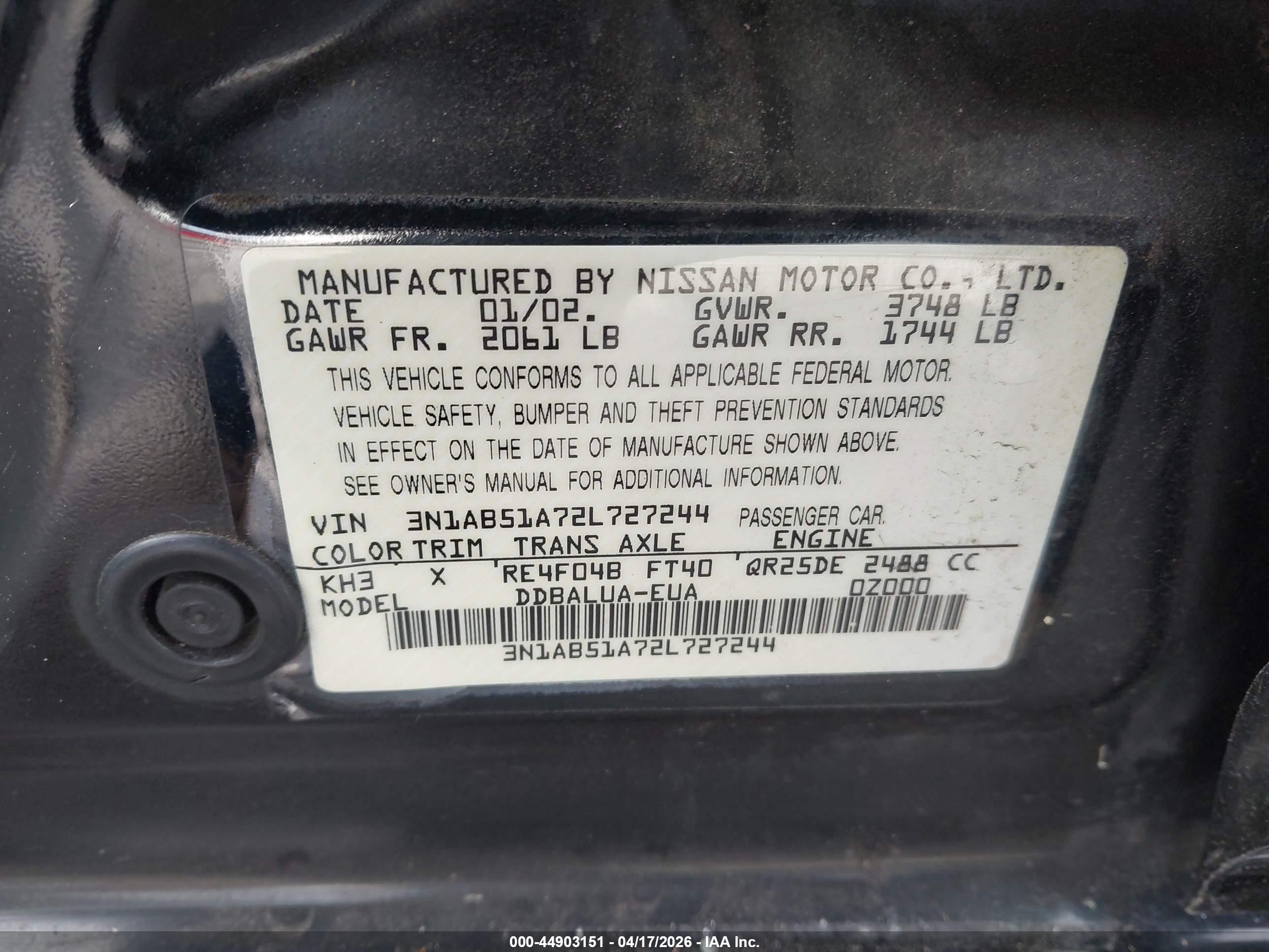 2002 Nissan Sentra Se-r Black vin: 3N1AB51A72L727244