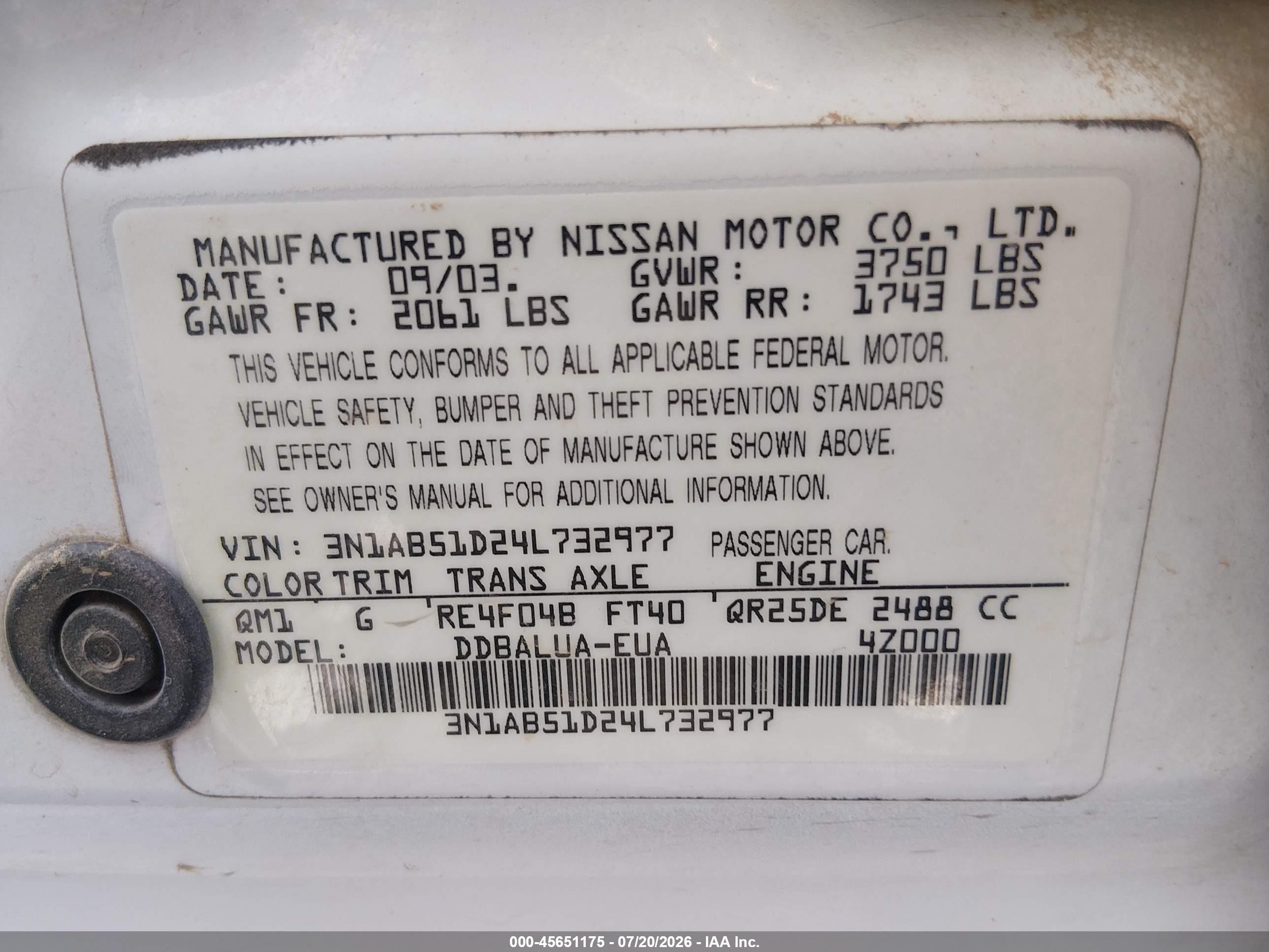 2004 Nissan Sentra Se-r Белый vin: 3N1AB51D24L732977