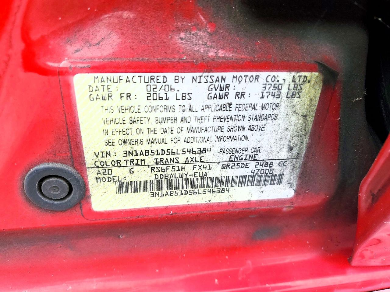 2006 Nissan Sentra Se-r Spec V Красный vin: 3N1AB51D56L546384