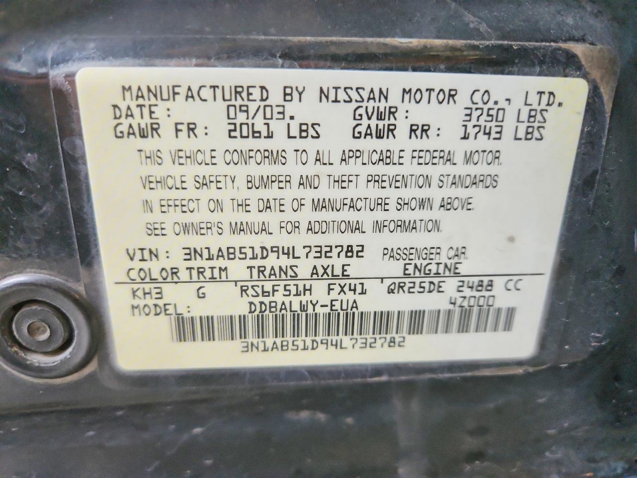 2004 Nissan Sentra Black vin: 3N1AB51D94L732782