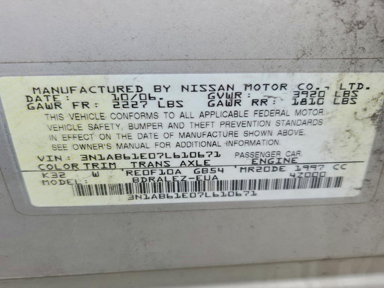 2007 Nissan Sentra 2.0 Beige vin: 3N1AB61E07L610671