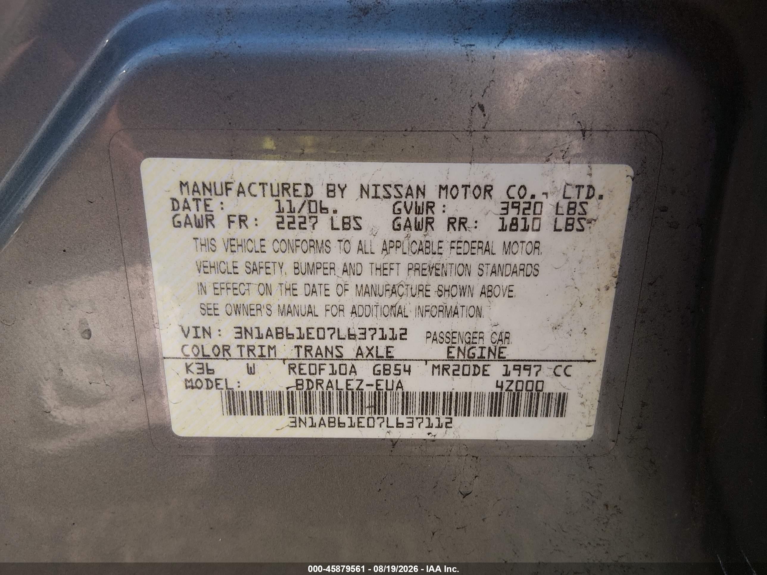 2007 Nissan Sentra 2.0s Silver vin: 3N1AB61E07L637112