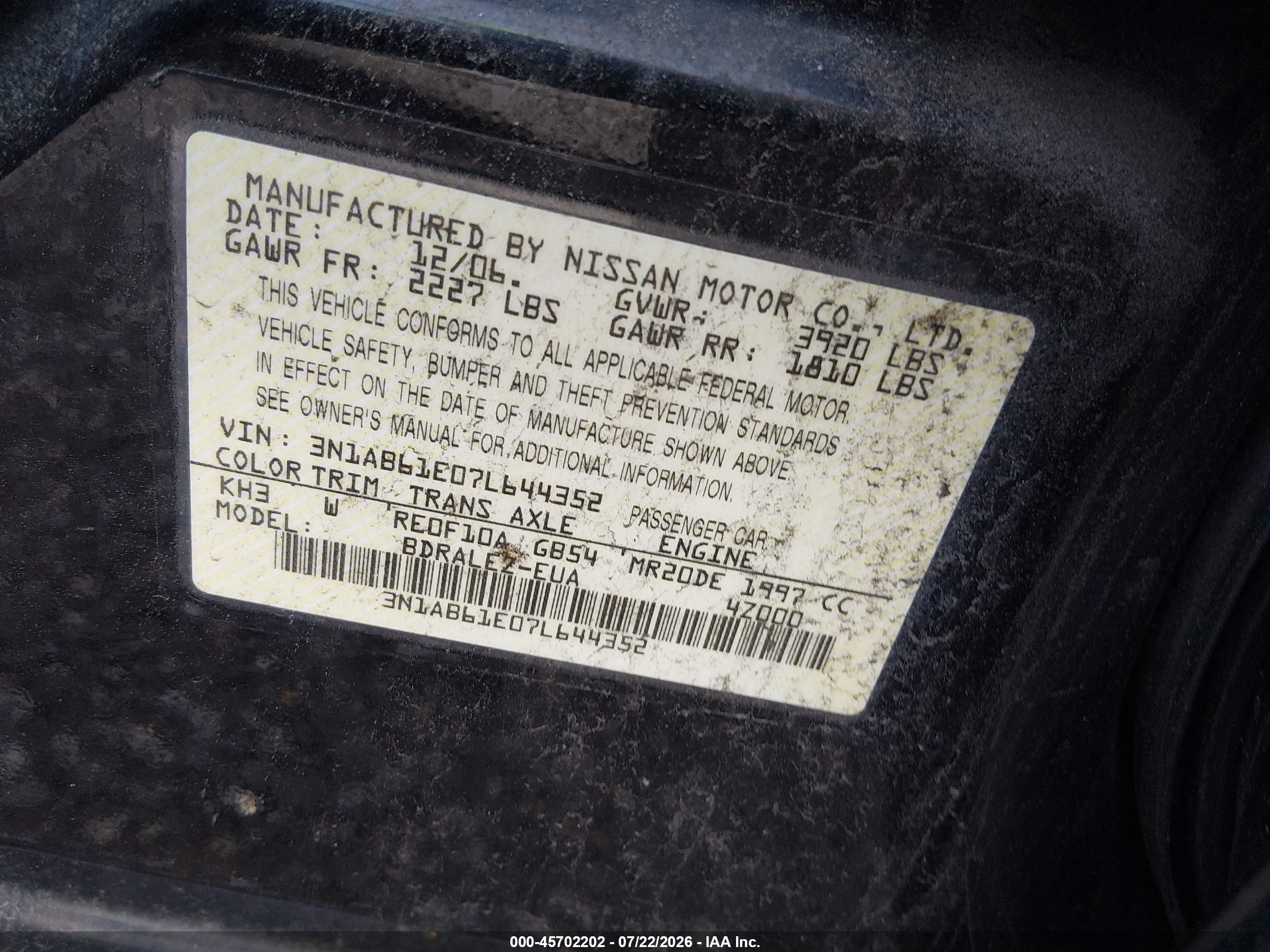 2007 Nissan Sentra 2.0s Black vin: 3N1AB61E07L644352