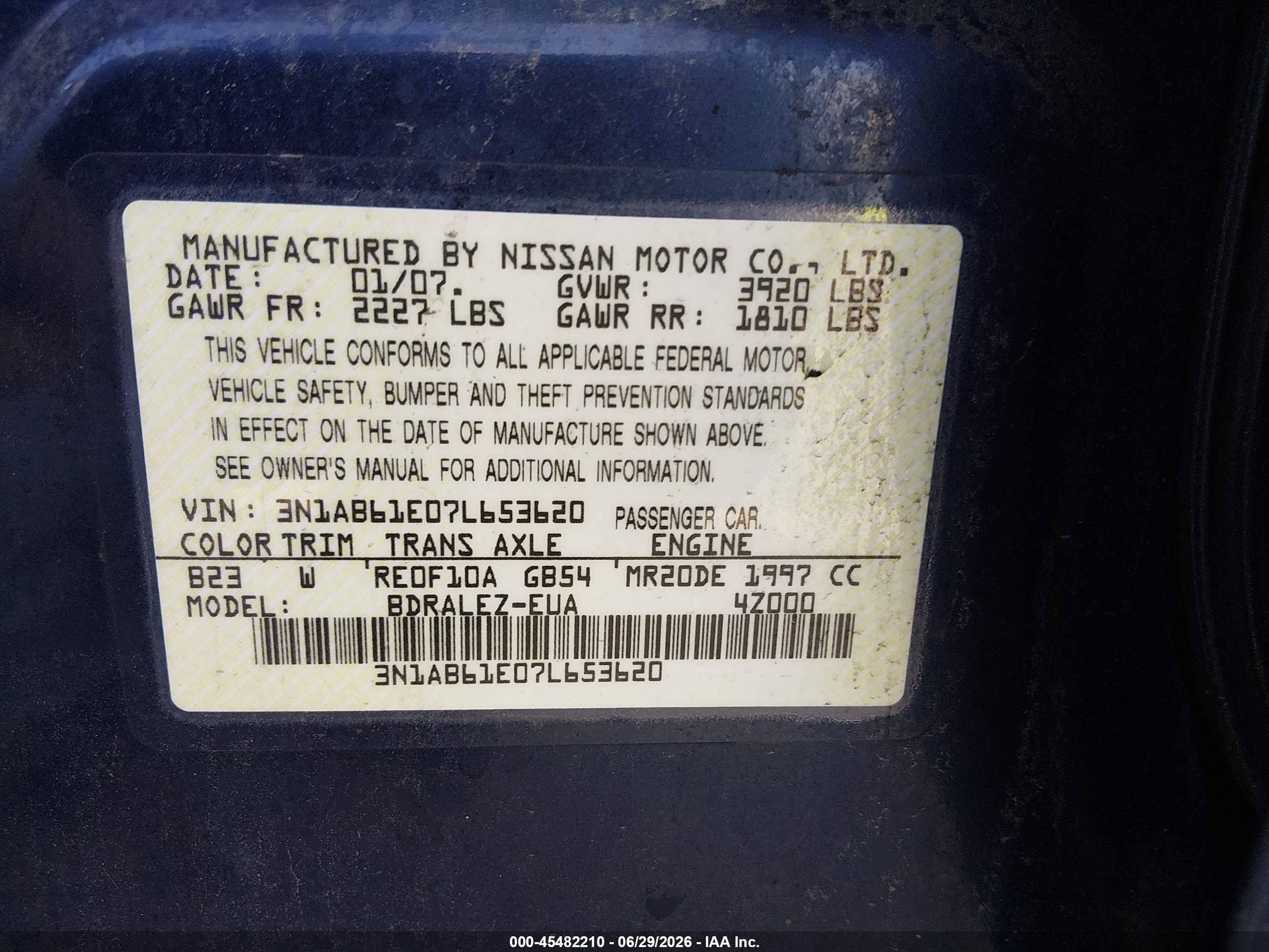 2007 Nissan Sentra 2.0s Blue vin: 3N1AB61E07L653620