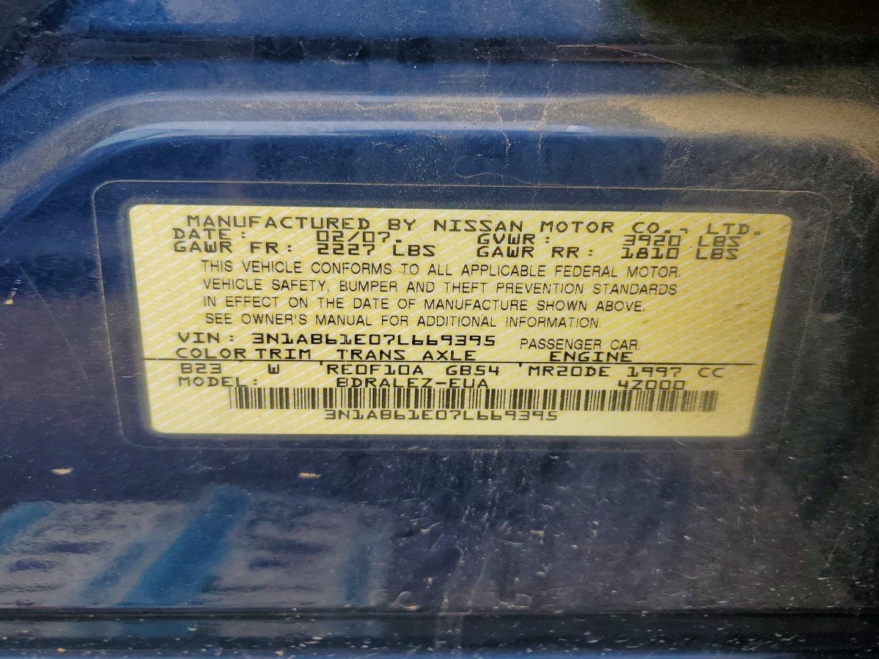 2007 Nissan Sentra Blue vin: 3N1AB61E07L669395