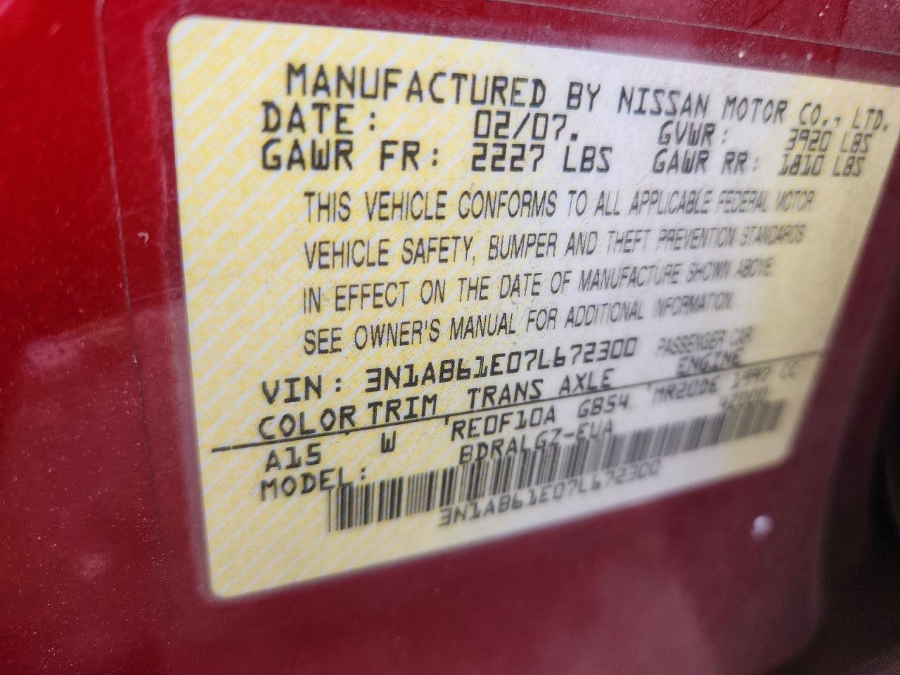 2007 Nissan Sentra 2.0/2.0s/2.0sl Burgundy vin: 3N1AB61E07L672300
