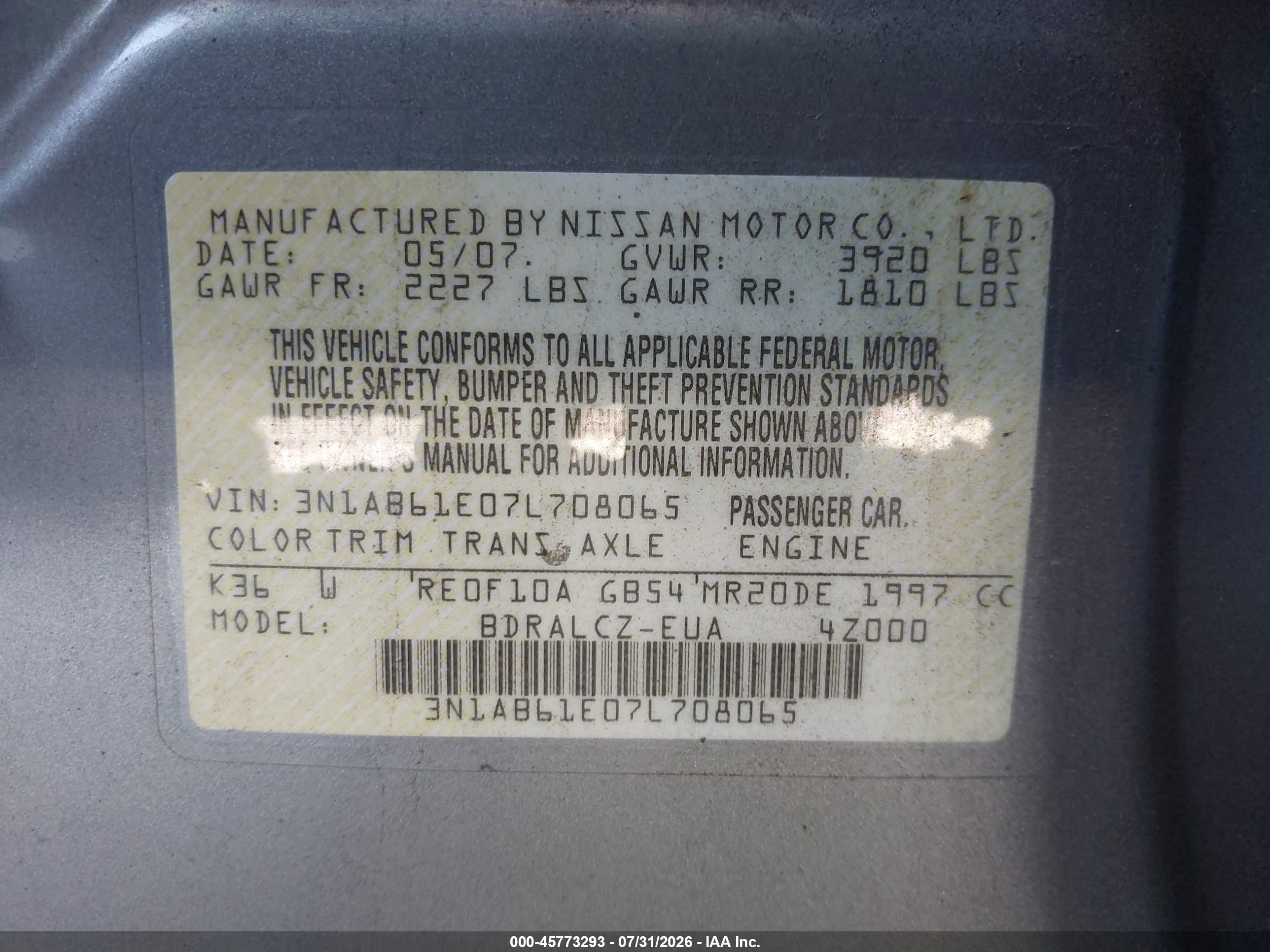 2007 Nissan Sentra 2.0 Серый vin: 3N1AB61E07L708065