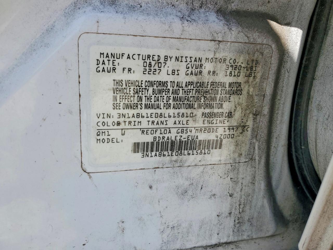 2008 Nissan Sentra White vin: 3N1AB61E08L615810