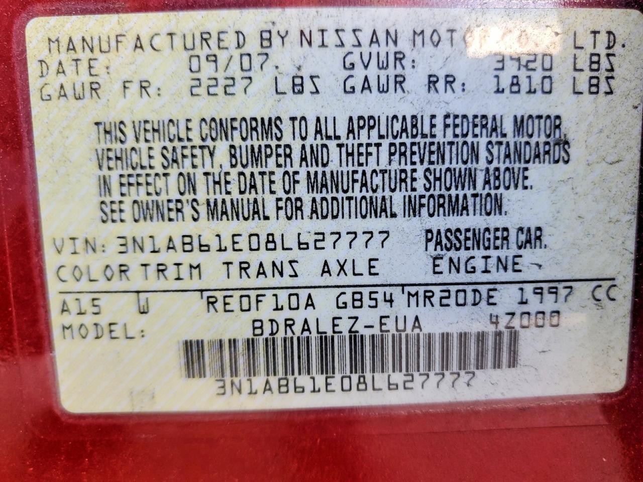 2008 Nissan Sentra 2.0 Бордовый vin: 3N1AB61E08L627777
