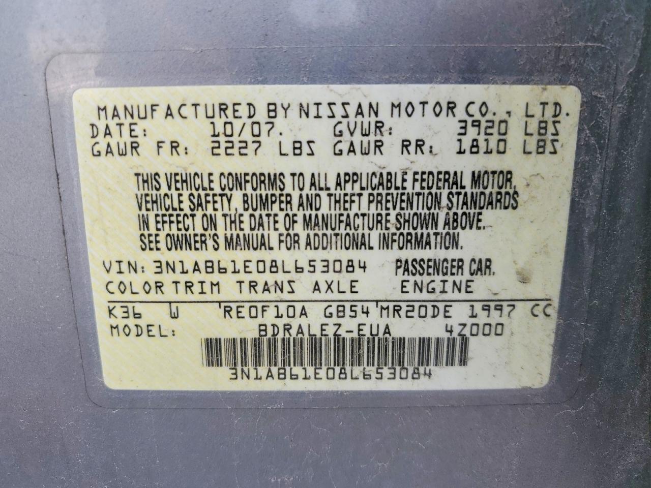 2008 Nissan Sentra 2.0 Gray vin: 3N1AB61E08L653084