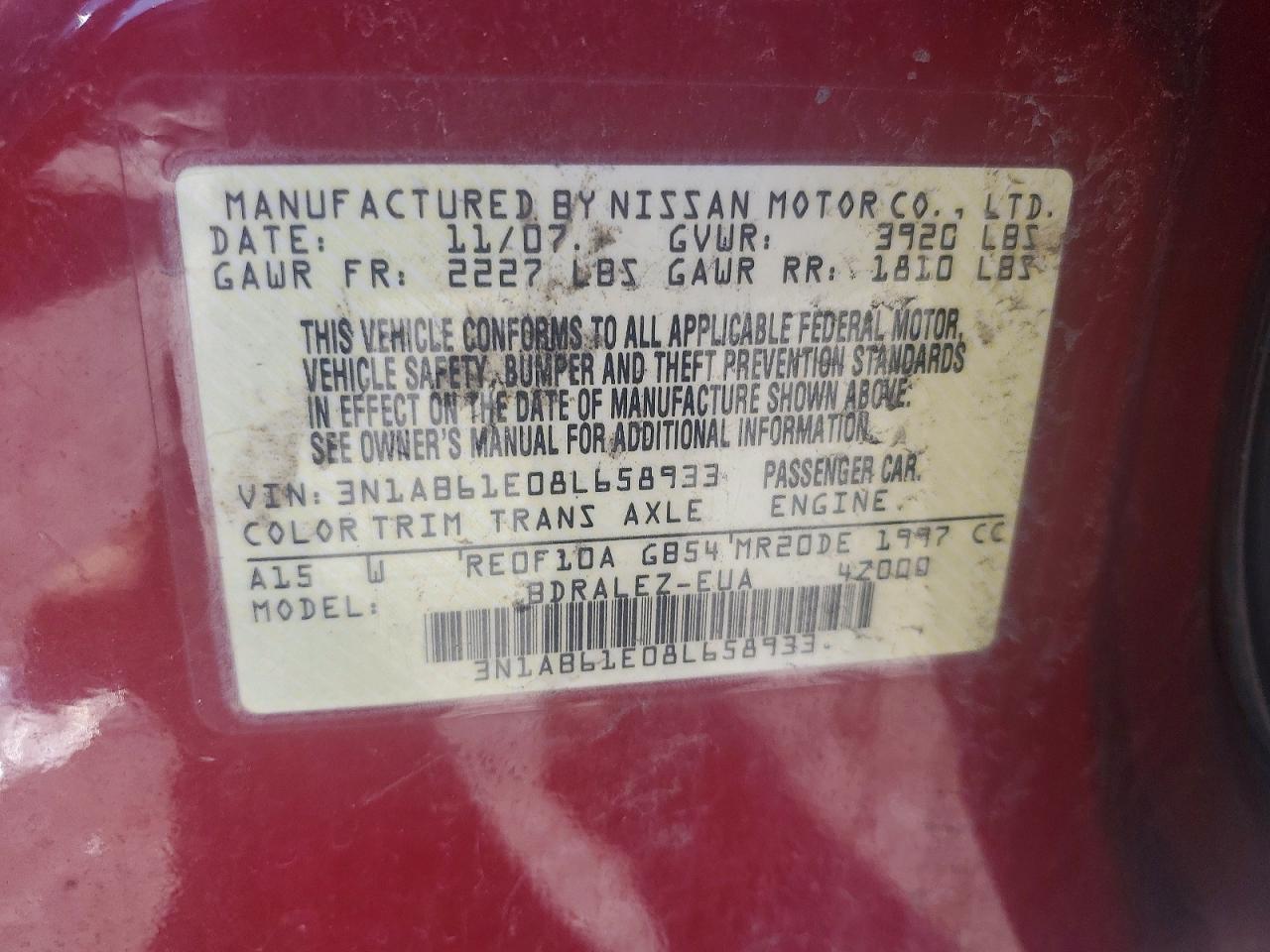 2008 Nissan Sentra Red vin: 3N1AB61E08L658933