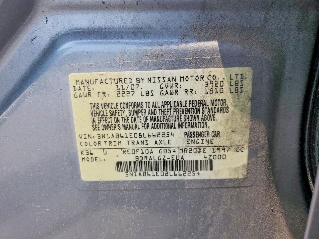 2008 Nissan Sentra 2.0 Silver vin: 3N1AB61E08L662254