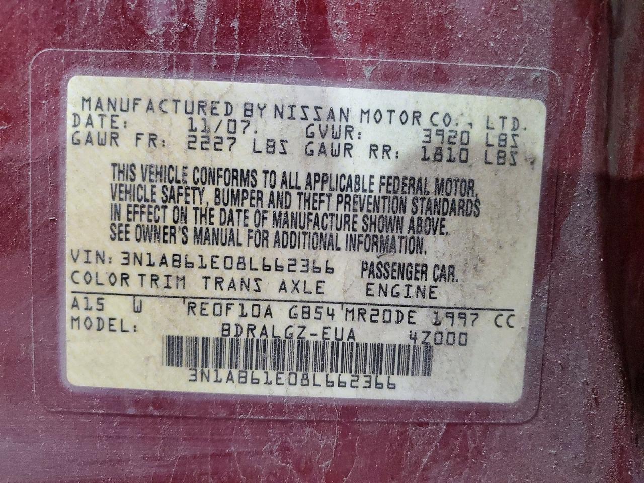 2008 Nissan Sentra S Manual Burgundy vin: 3N1AB61E08L662366