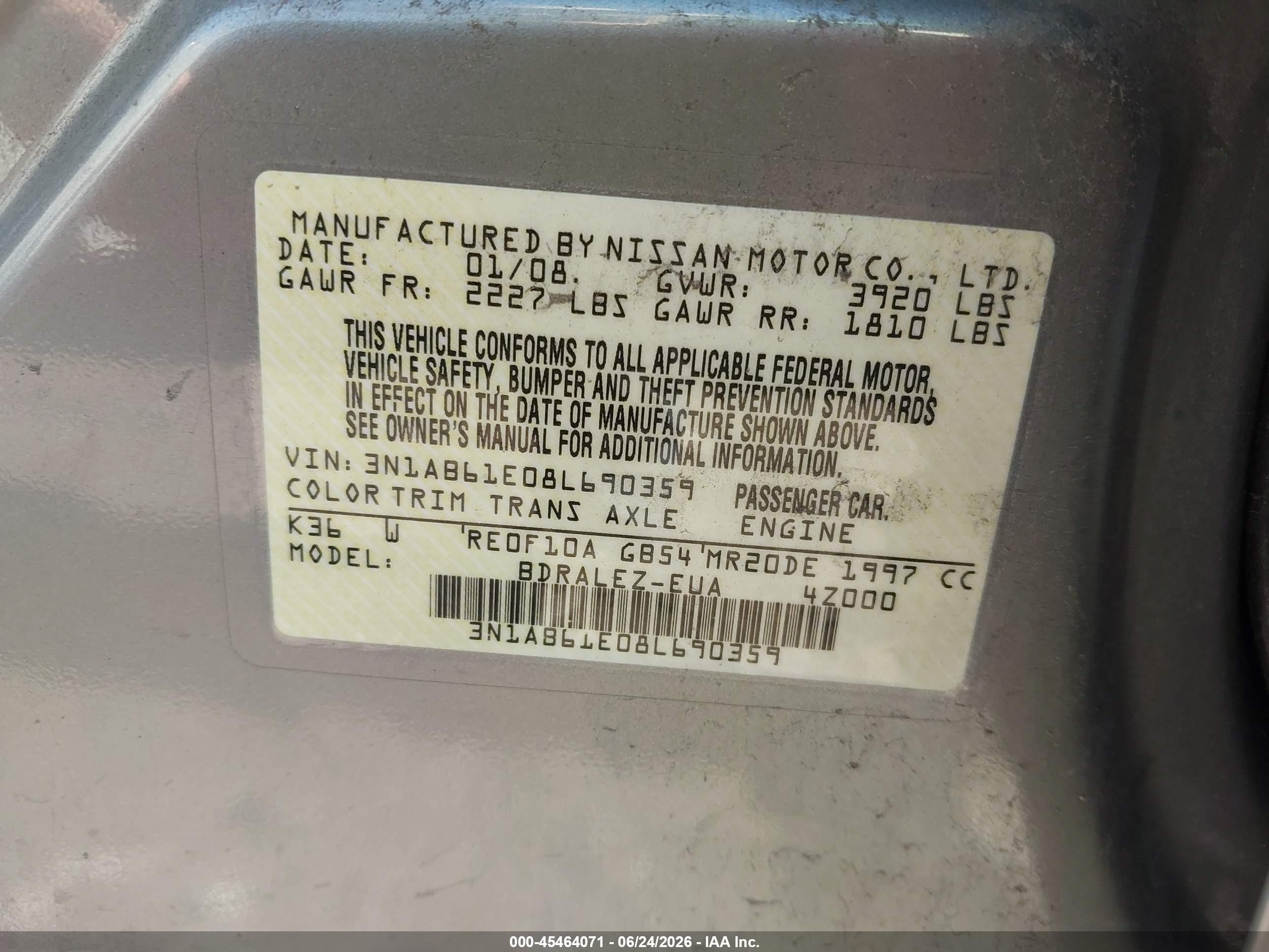 2008 Nissan Sentra 2.0 S Gold vin: 3N1AB61E08L690359