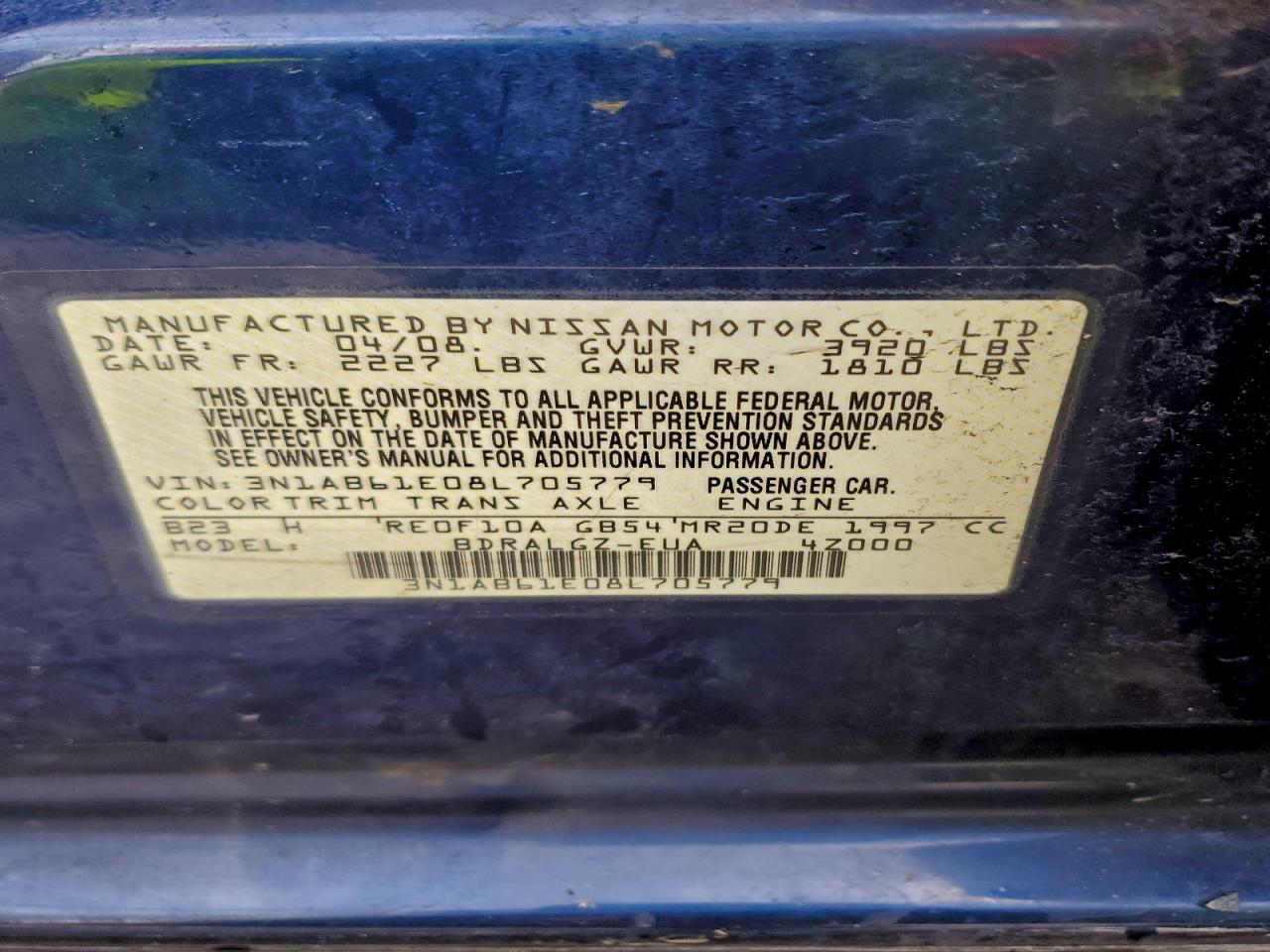 2008 Nissan Sentra 2.0 Blue vin: 3N1AB61E08L705779
