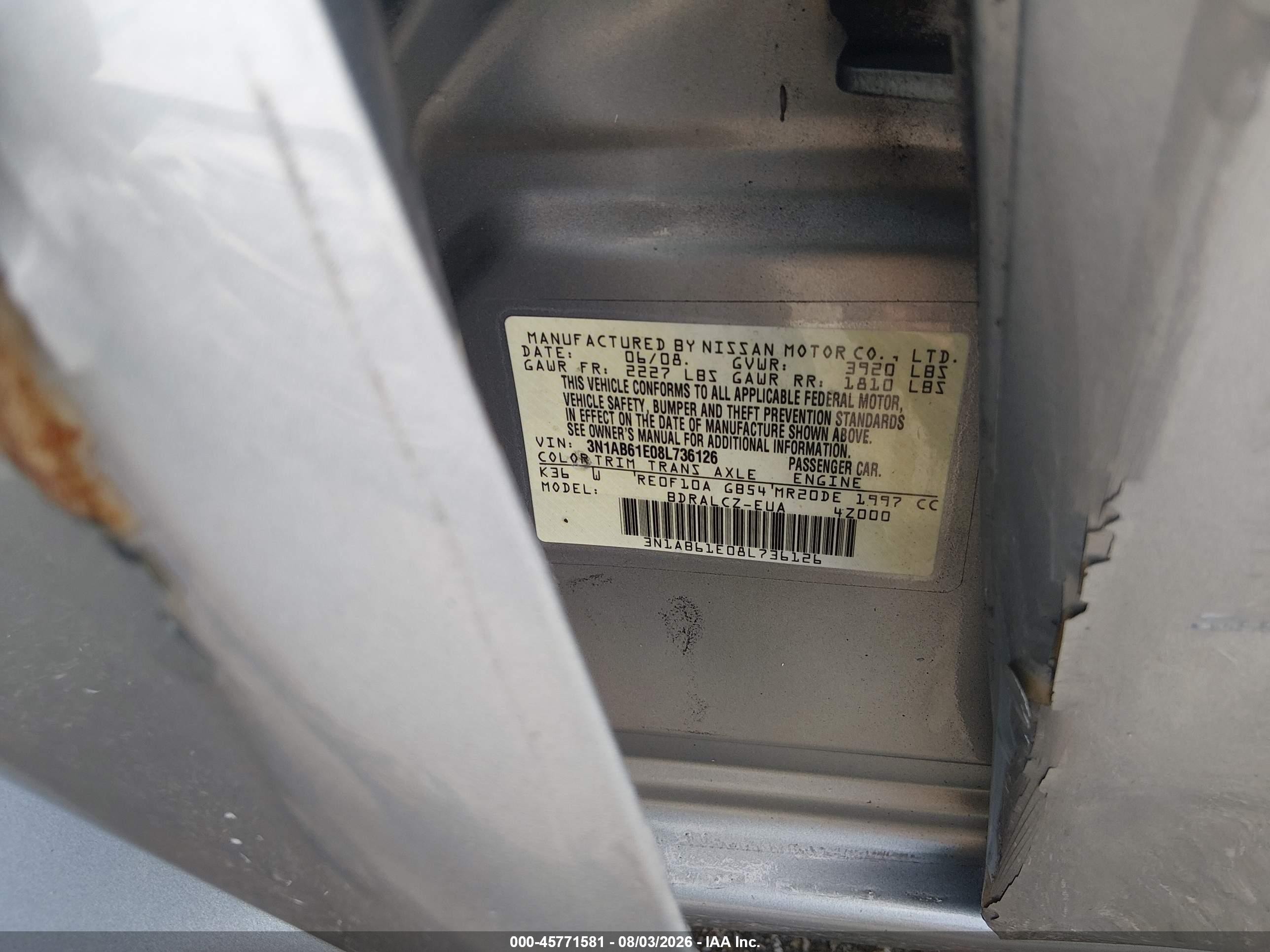 2008 Nissan Sentra 2.0 Серый vin: 3N1AB61E08L736126