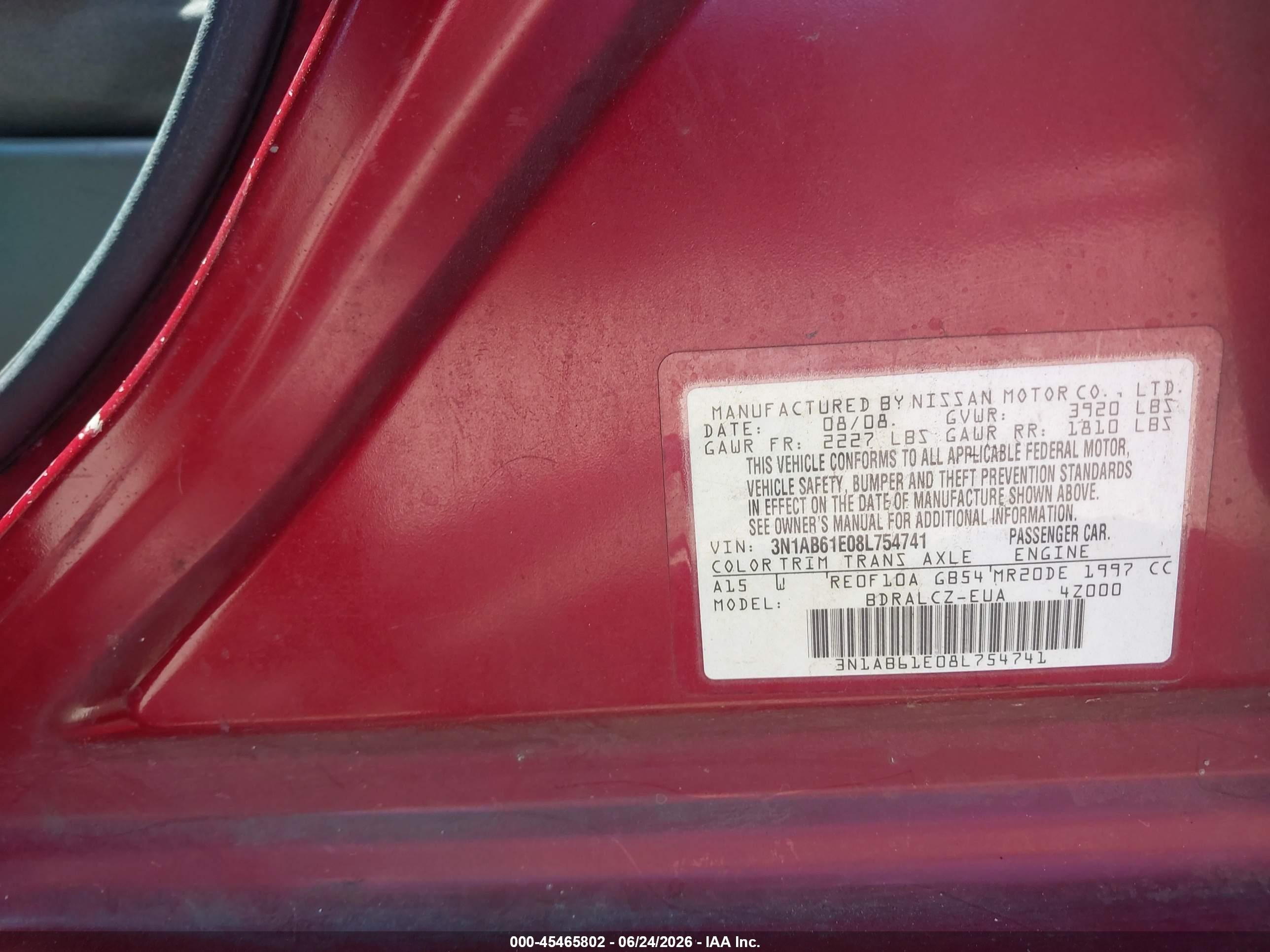 2008 Nissan Sentra 2.0 Red vin: 3N1AB61E08L754741