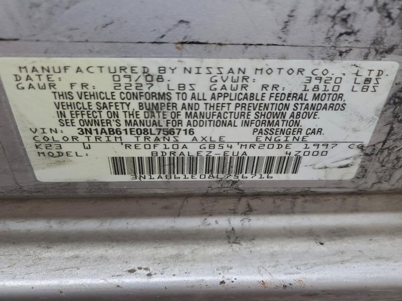 2008 Nissan Sentra 2.0 Silver vin: 3N1AB61E08L756716