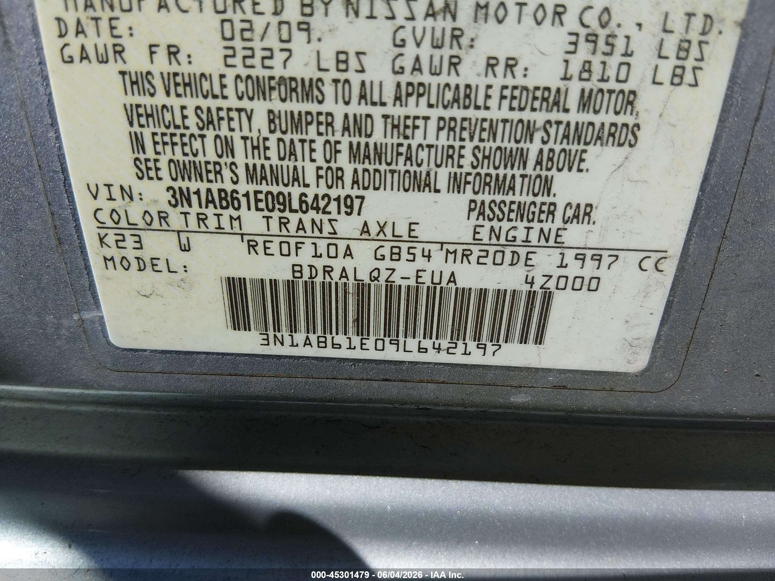 2009 Nissan Sentra 2.0 Gray vin: 3N1AB61E09L642197