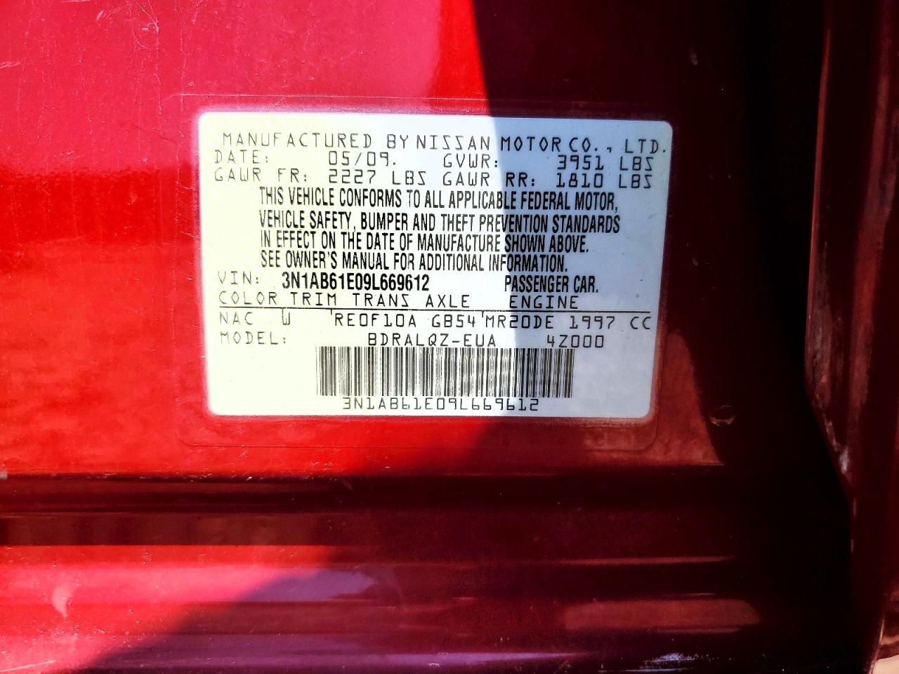 2009 Nissan Sentra Red vin: 3N1AB61E09L669612