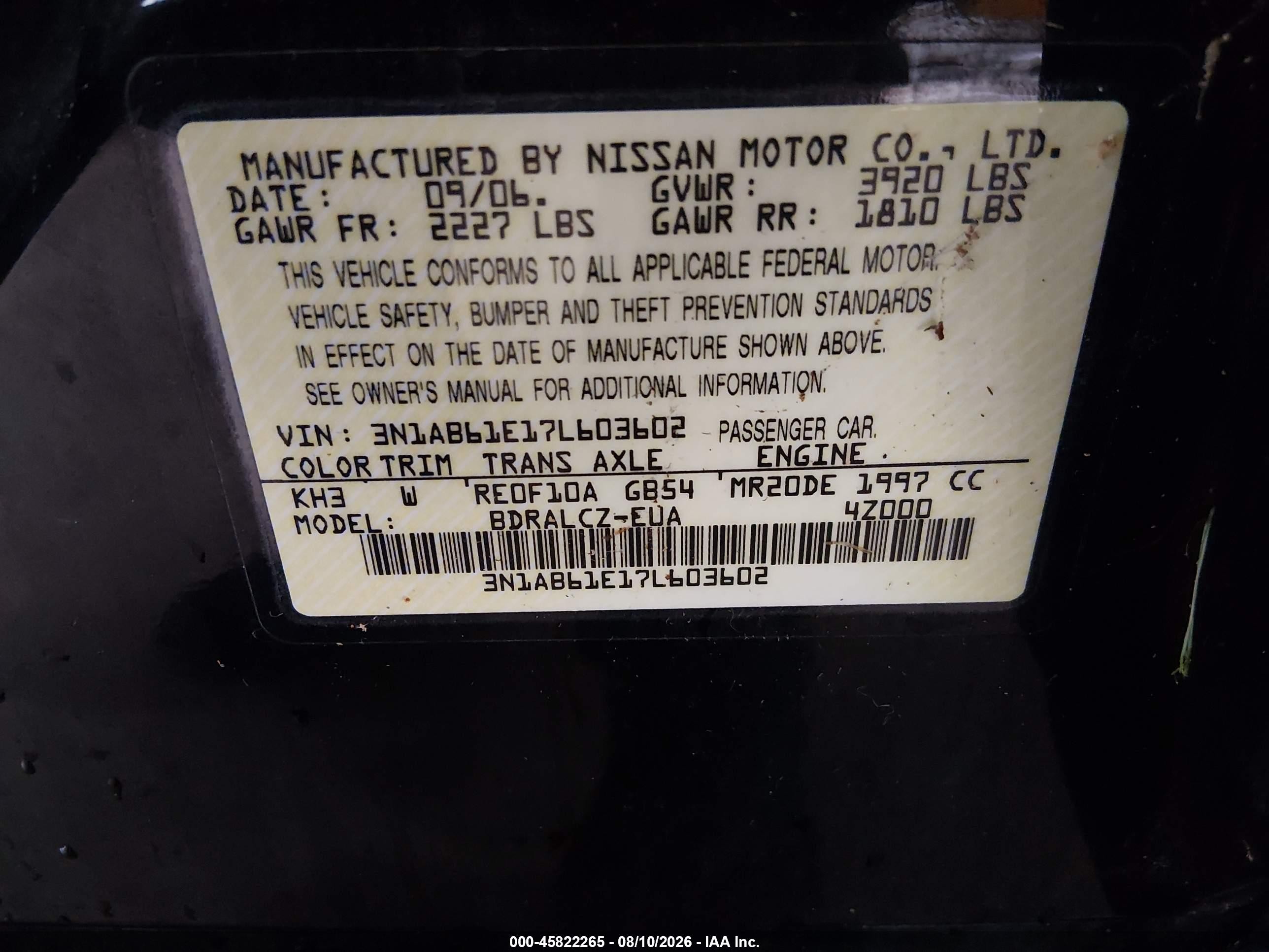 2007 Nissan Sentra 2.0 Black vin: 3N1AB61E17L603602