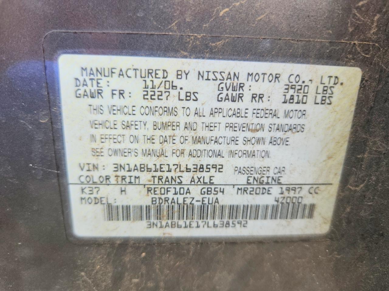 2007 Nissan Sentra 2.0 Brown vin: 3N1AB61E17L638592