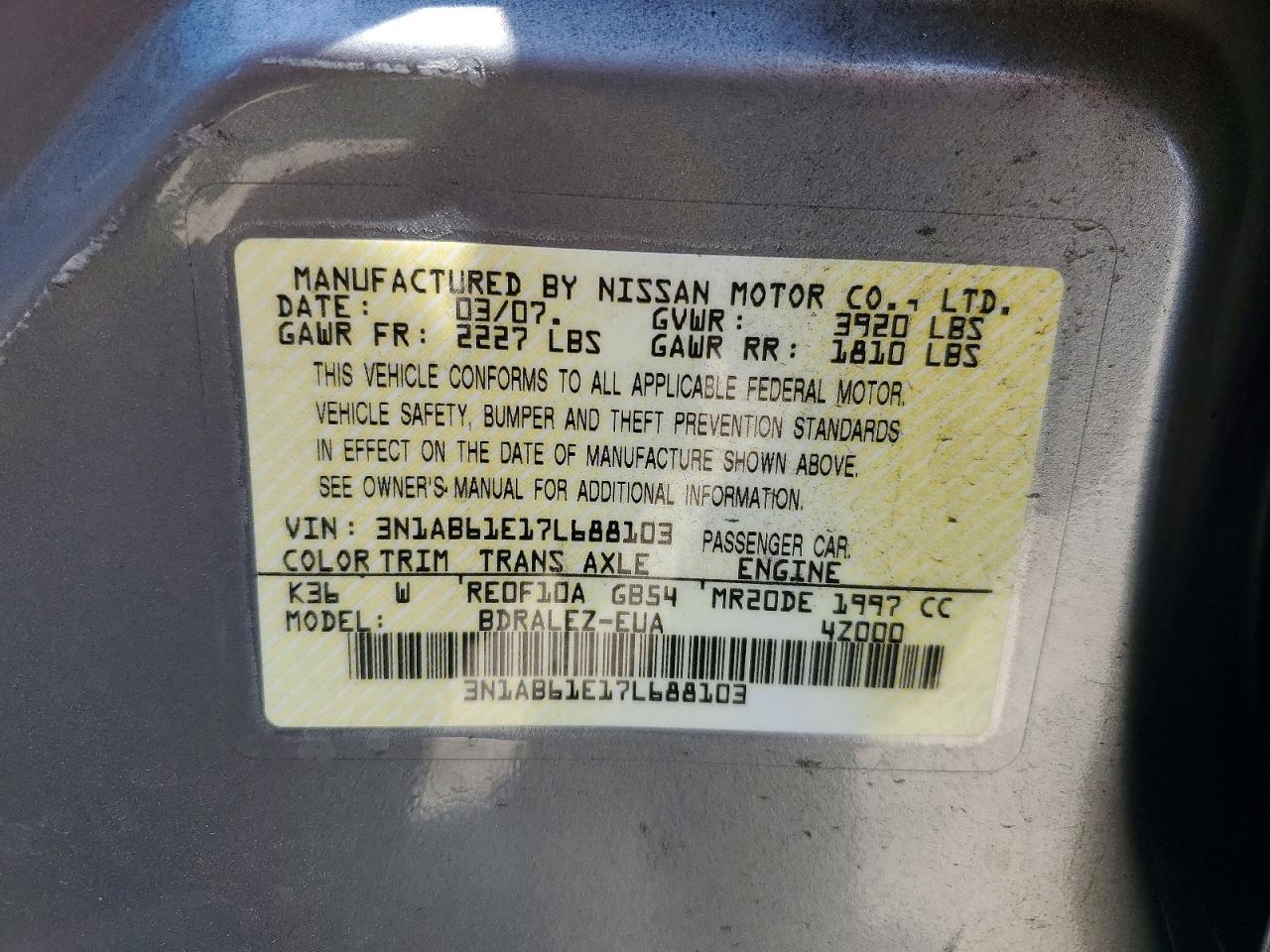 2007 Nissan Sentra 2.0 Silver vin: 3N1AB61E17L688103