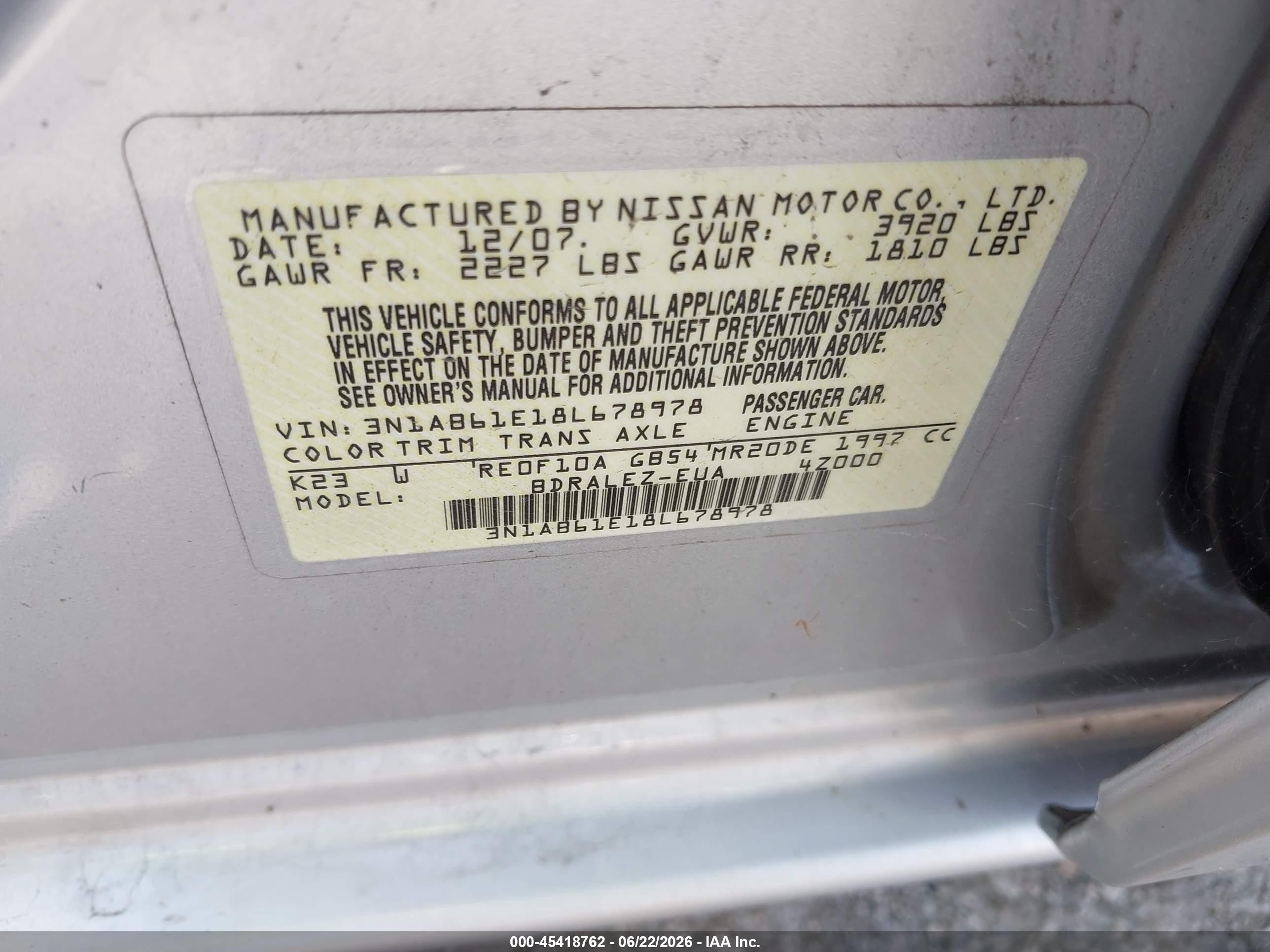 2008 Nissan Sentra 2.0s Silver vin: 3N1AB61E18L678978