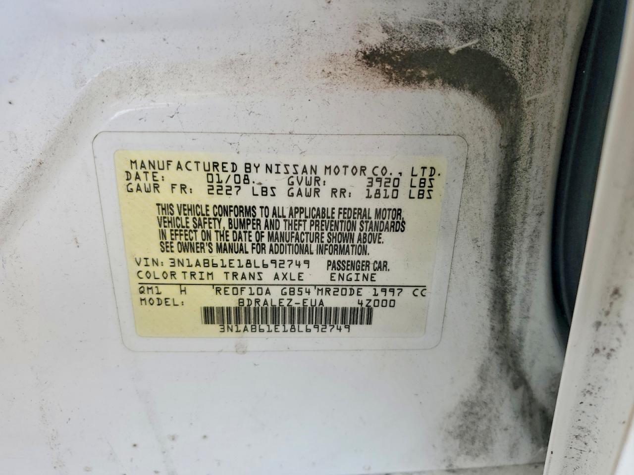 2008 Nissan Sentra 2.0 White vin: 3N1AB61E18L692749