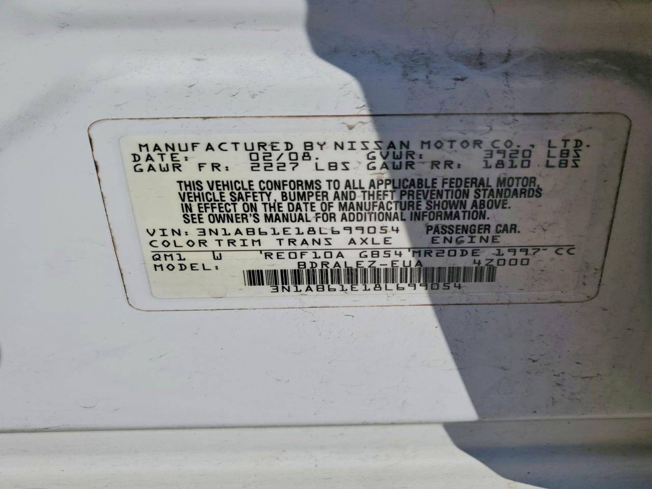 2008 Nissan Sentra 2.0 White vin: 3N1AB61E18L699054