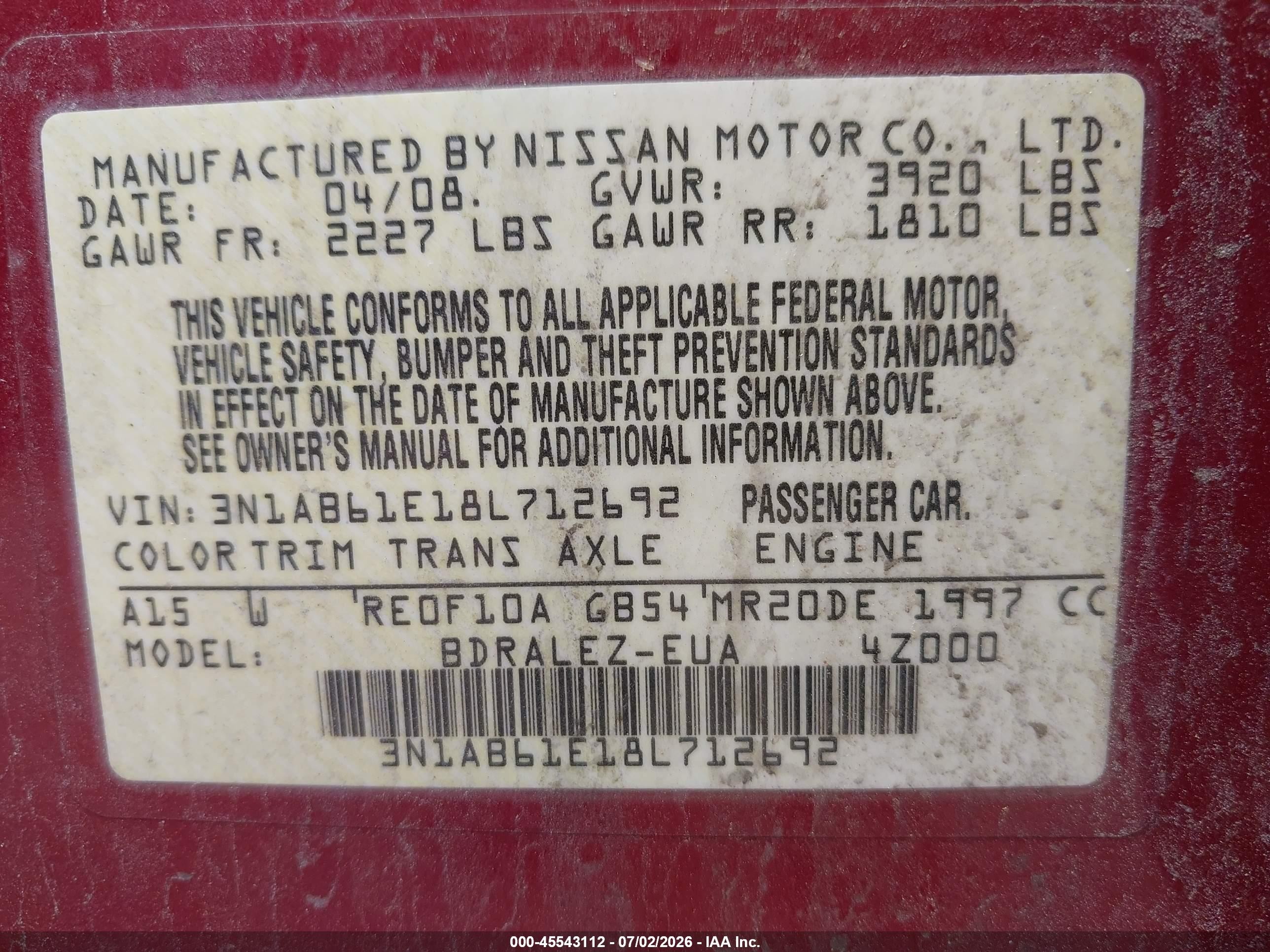 2008 Nissan Sentra 2.0 S Red vin: 3N1AB61E18L712692