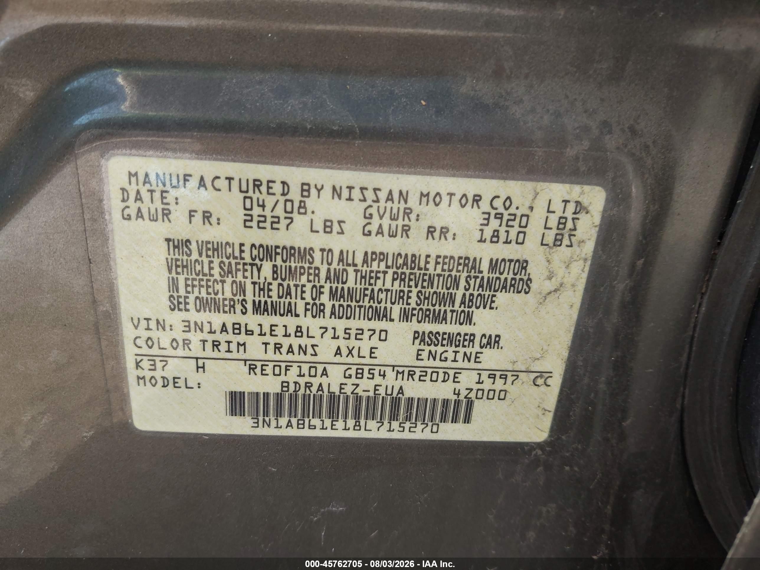 2008 Nissan Sentra 2.0 S Серый vin: 3N1AB61E18L715270