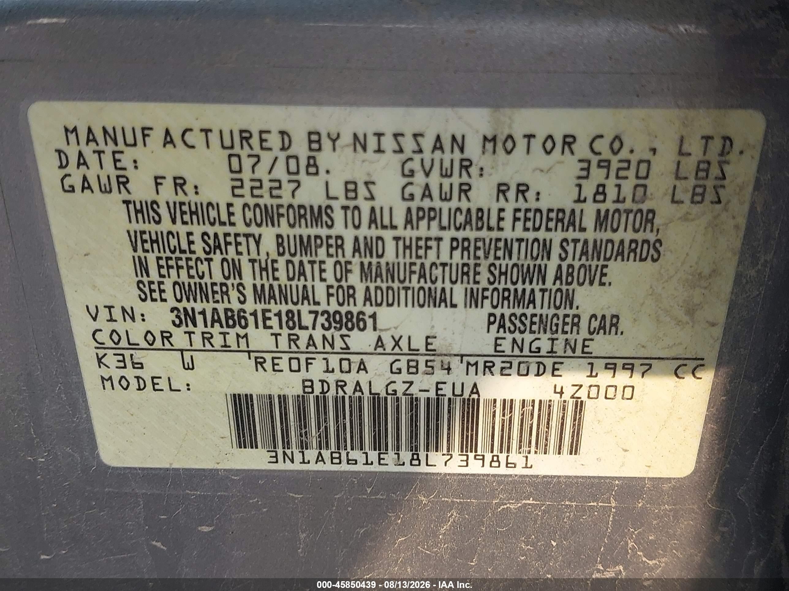 2008 Nissan Sentra 2.0 Sl Gray vin: 3N1AB61E18L739861