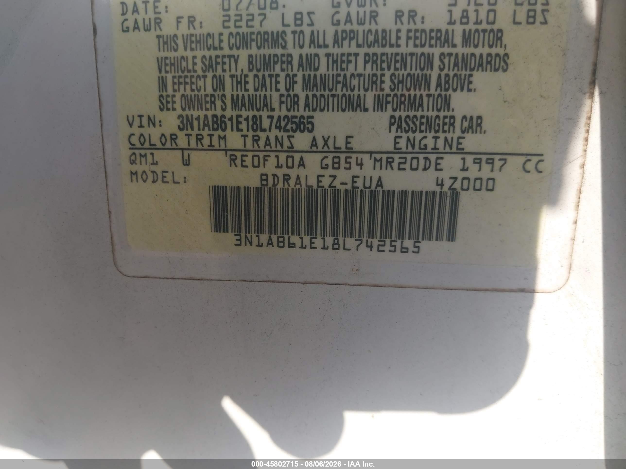 2008 Nissan Sentra 2.0 S White vin: 3N1AB61E18L742565