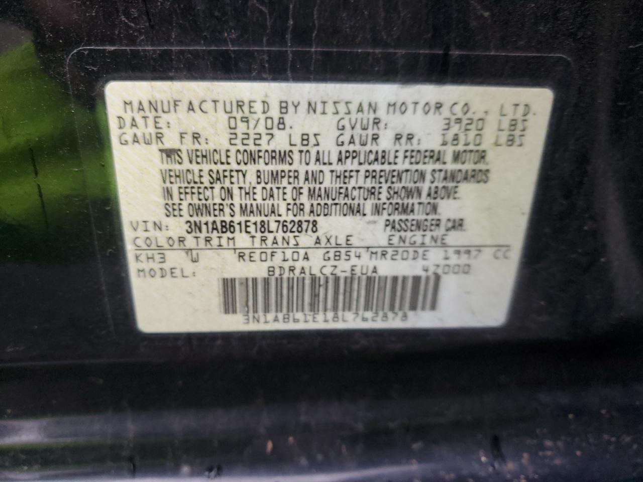 2008 Nissan Sentra 2.0 Черный vin: 3N1AB61E18L762878