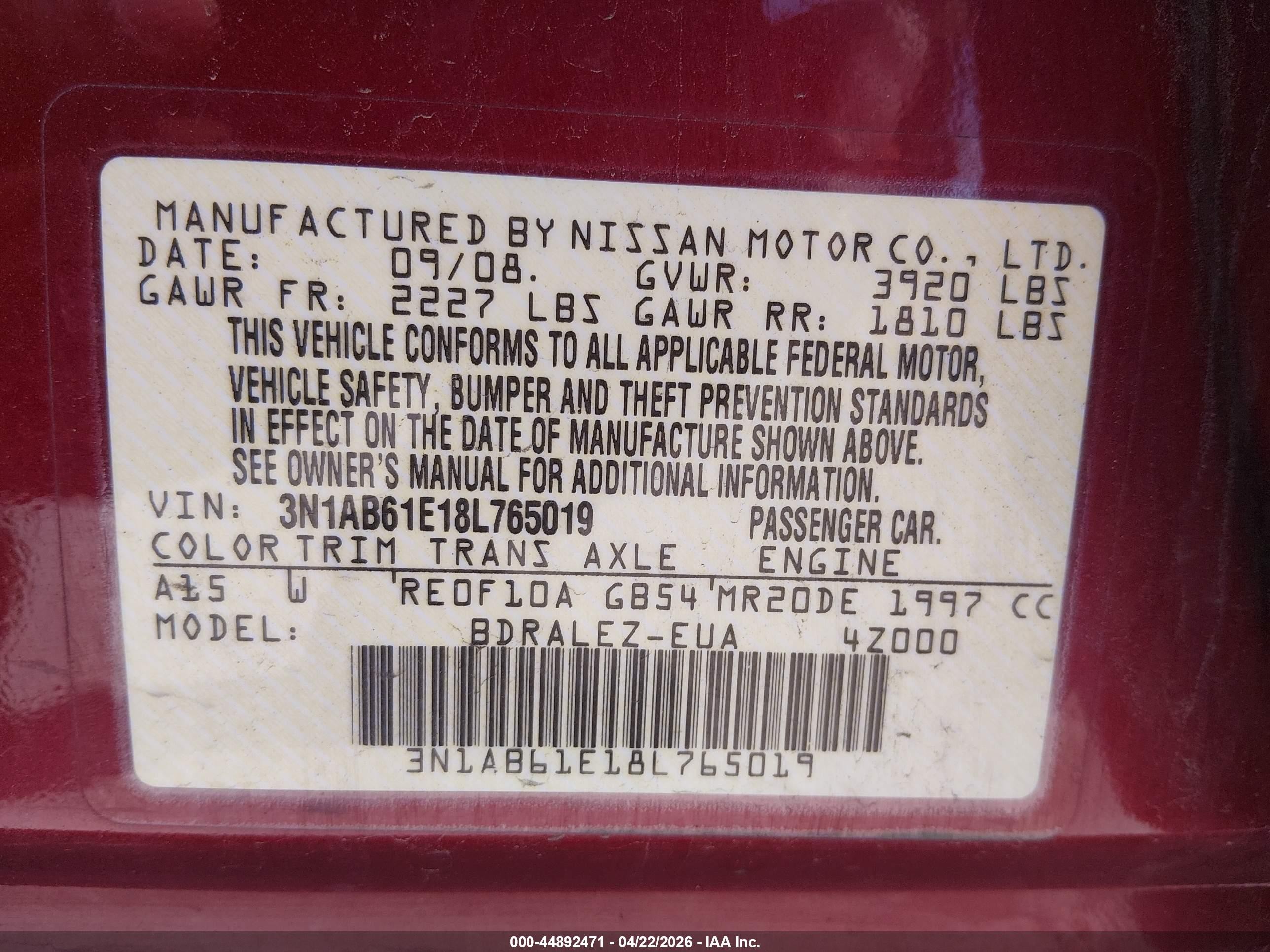 2008 Nissan Sentra 2.0s Red vin: 3N1AB61E18L765019
