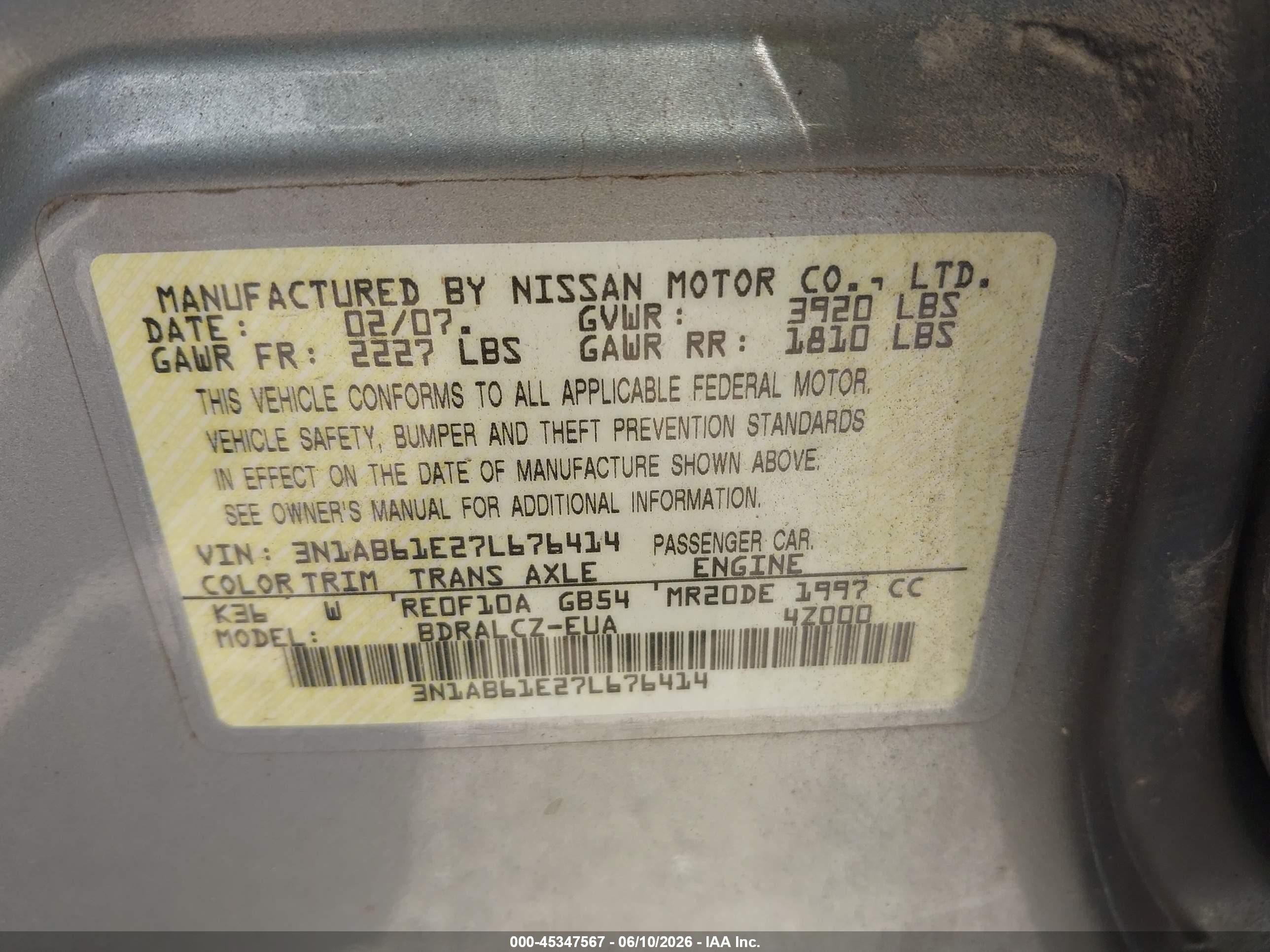 2007 Nissan Sentra 2.0 Silver vin: 3N1AB61E27L676414