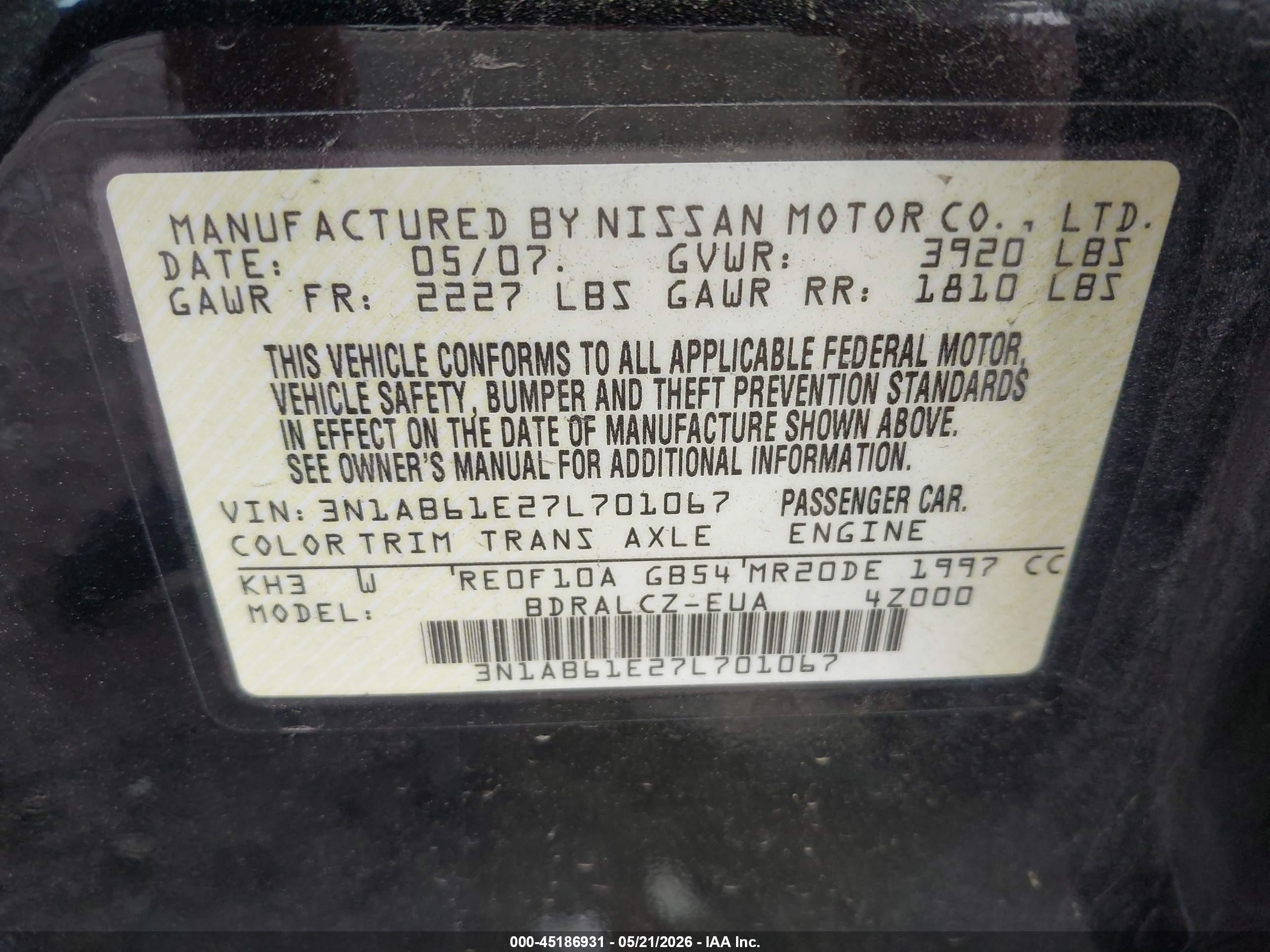 2007 Nissan Sentra 2.0 Black vin: 3N1AB61E27L701067