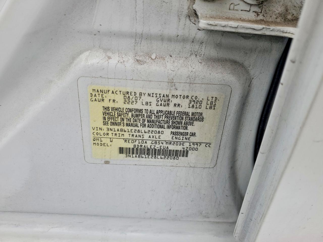 2008 Nissan Sentra 2.0 Белый vin: 3N1AB61E28L622080