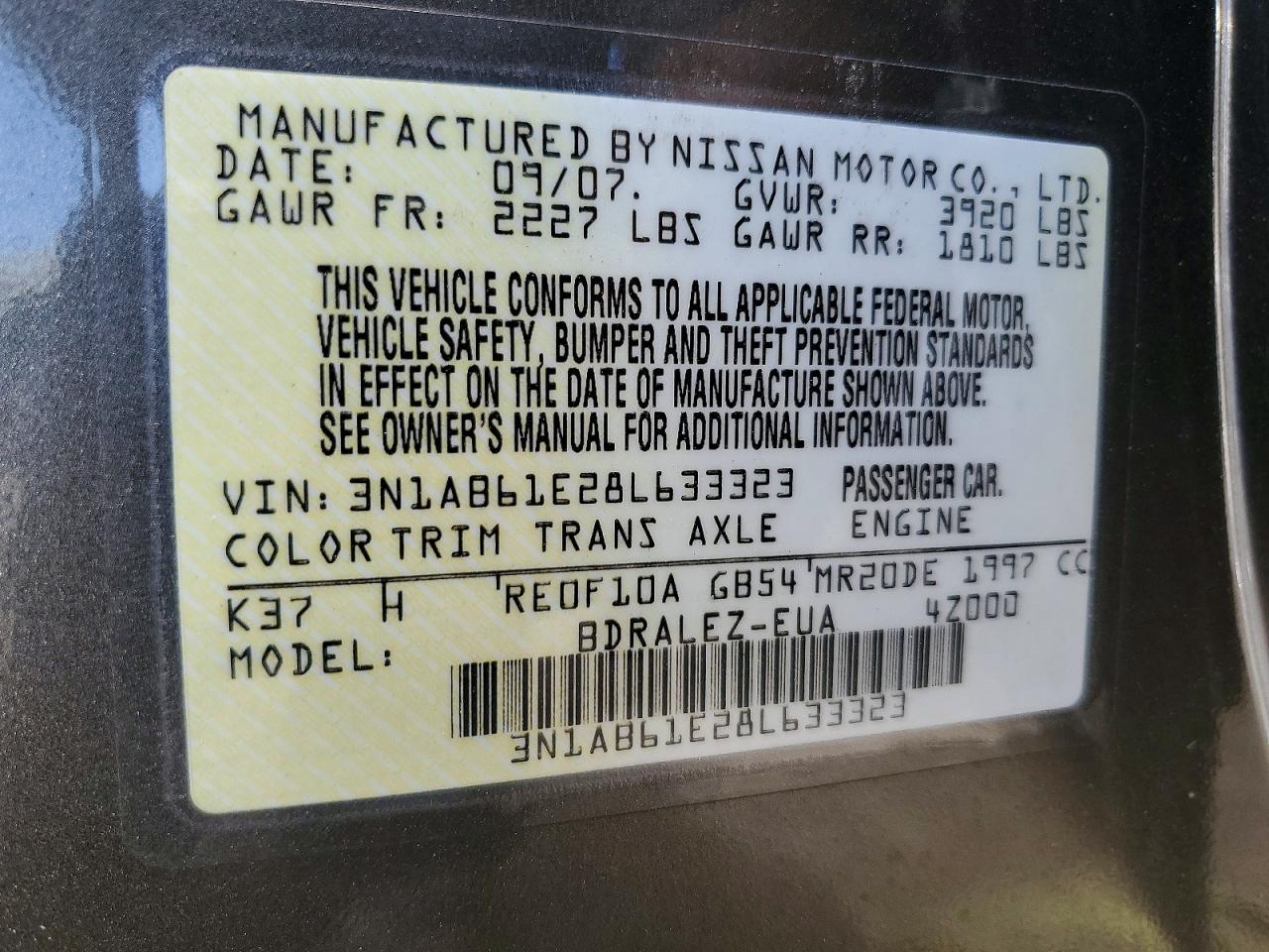 2008 Nissan Sentra 2.0 Charcoal vin: 3N1AB61E28L633323