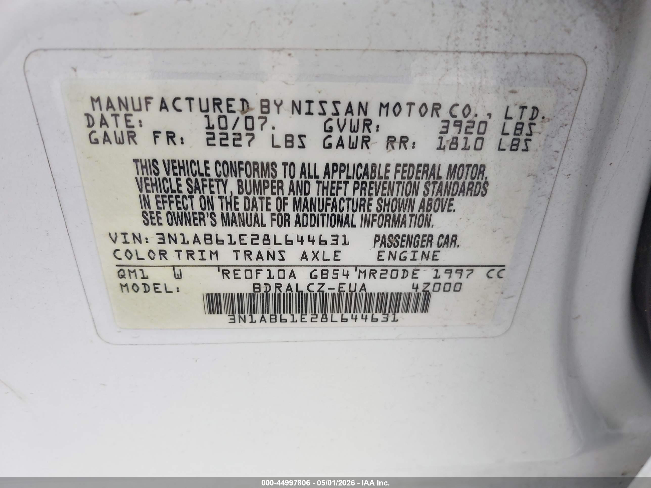 2008 Nissan Sentra 2.0 White vin: 3N1AB61E28L644631