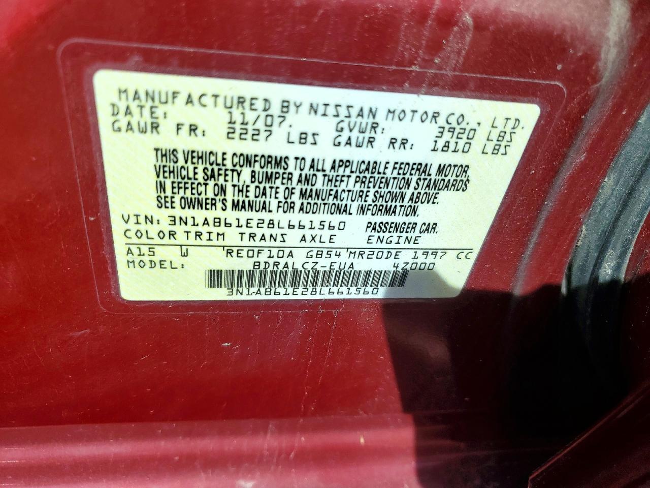 2008 Nissan Sentra 2.0 Красный vin: 3N1AB61E28L661560