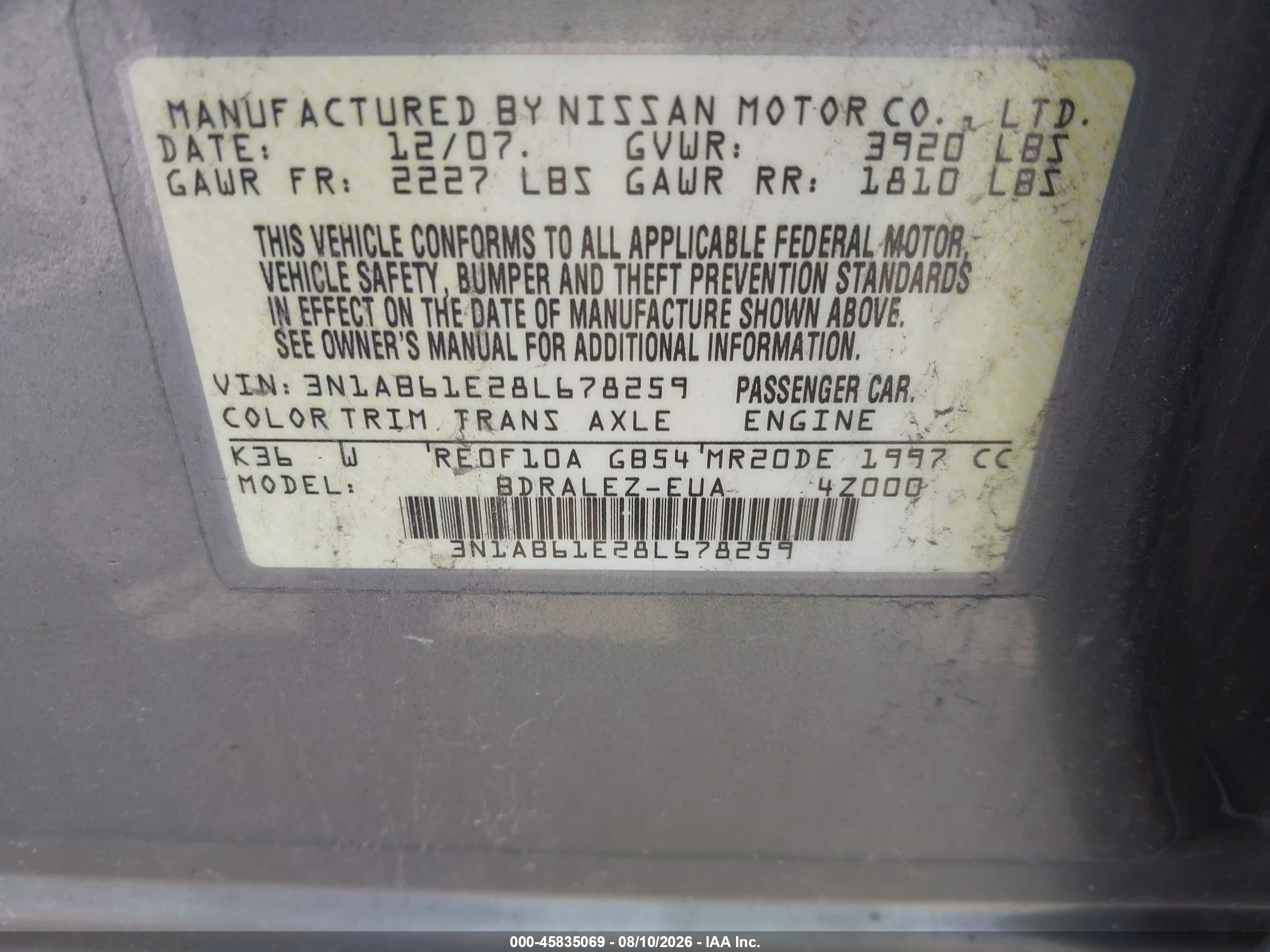 2008 Nissan Sentra 2.0 S Gray vin: 3N1AB61E28L678259