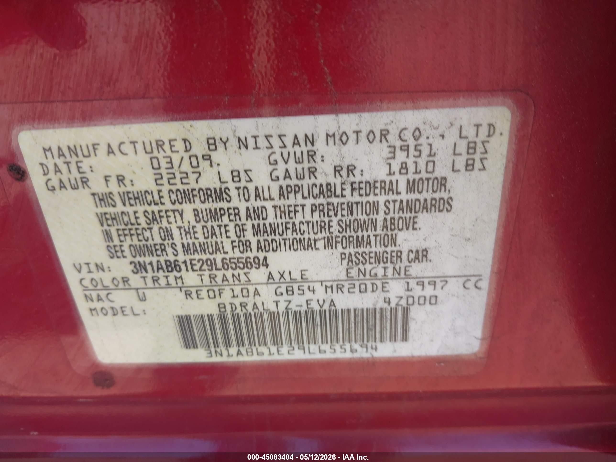 2009 Nissan Sentra 2.0s Red vin: 3N1AB61E29L655694