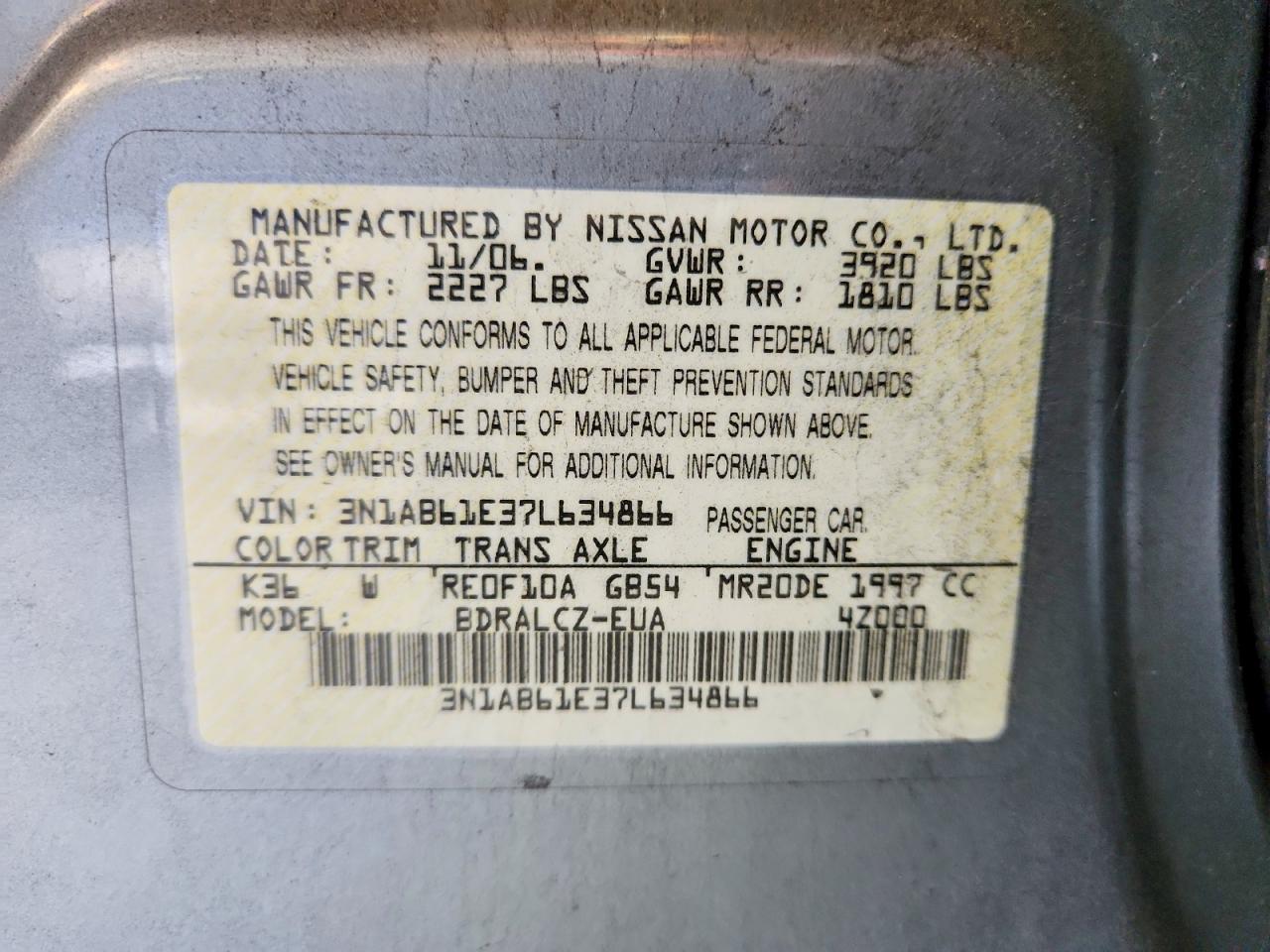 2007 Nissan Sentra 2.0 Gray vin: 3N1AB61E37L634866