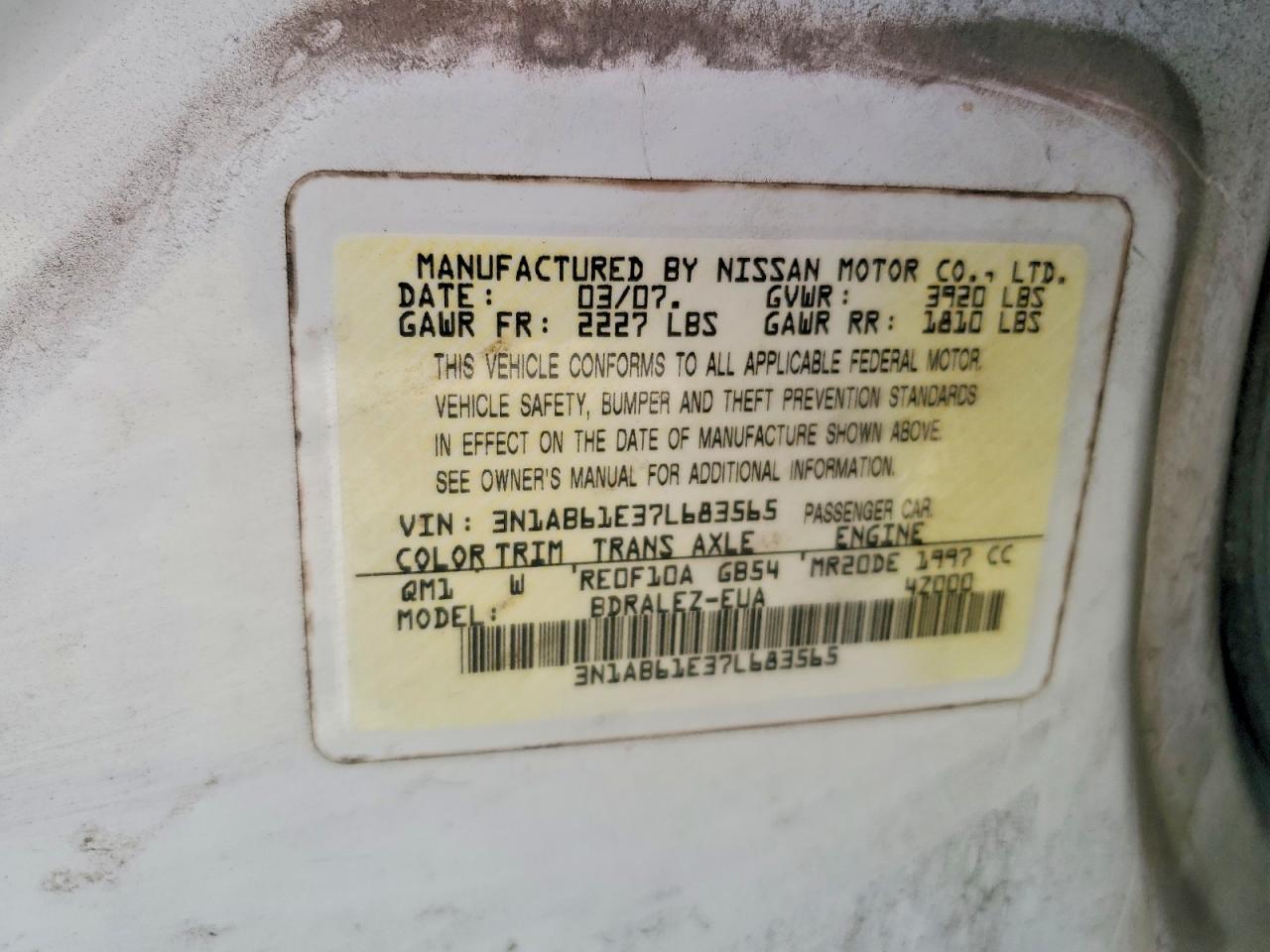 2007 Nissan Sentra 2.0 White vin: 3N1AB61E37L683565