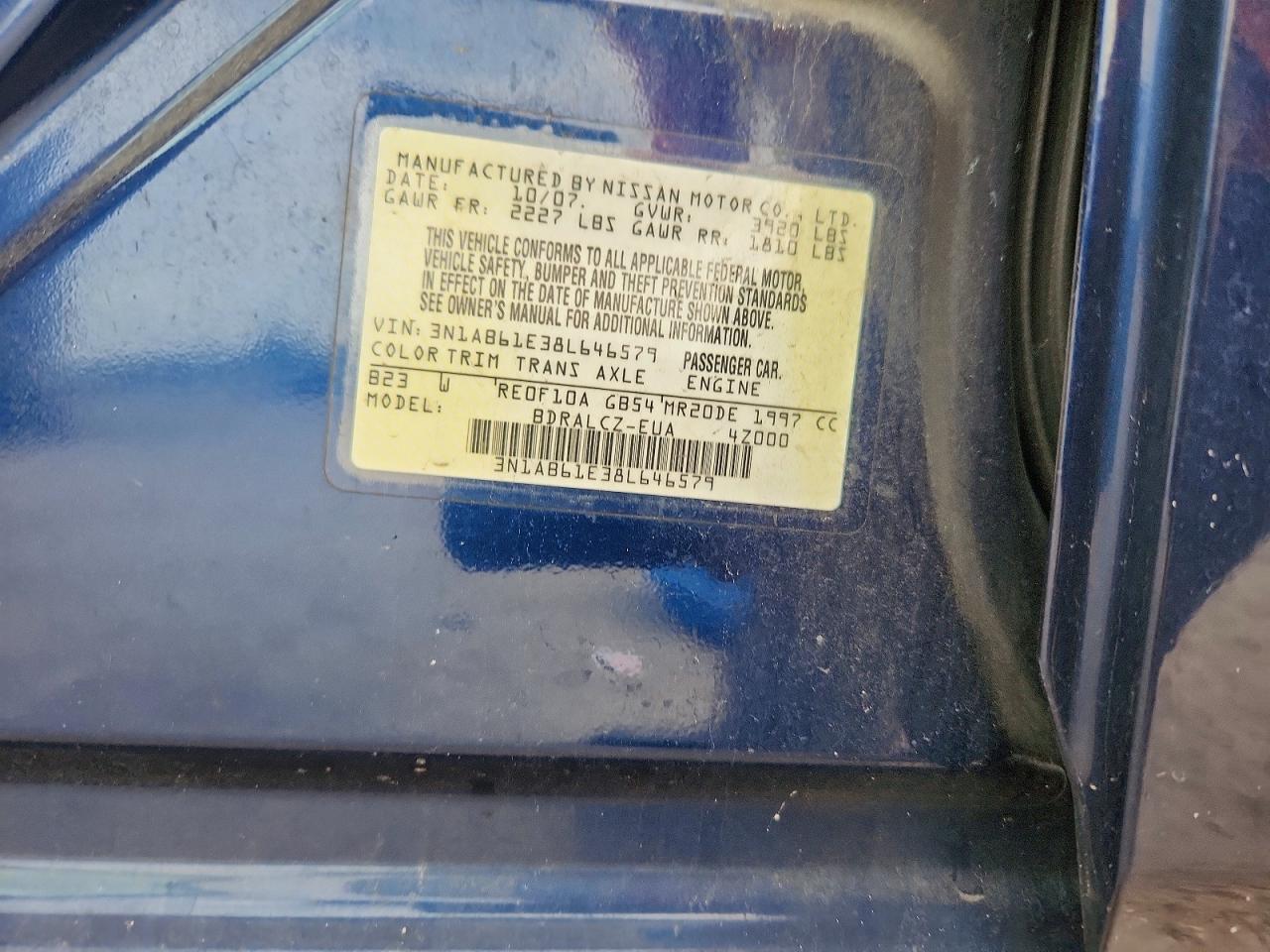 2008 Nissan Sentra 2.0 Blue vin: 3N1AB61E38L646579